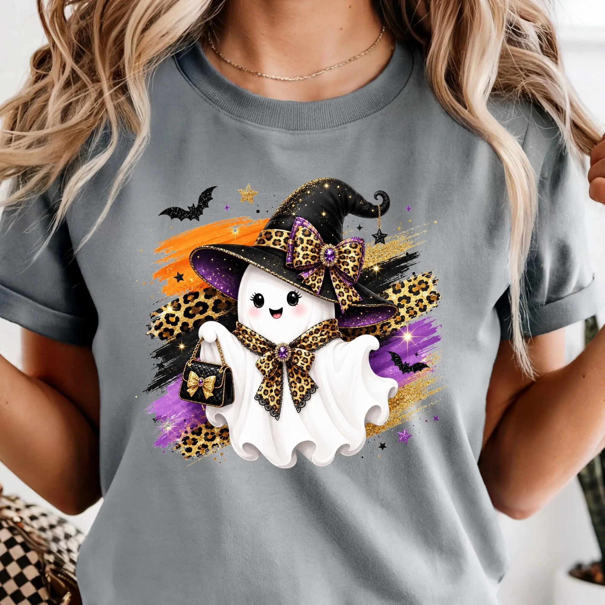 Halloween Girly Leopard Witch Ghost Tee, Glam Boo Spooky Season Graphic Shirt - photo 2