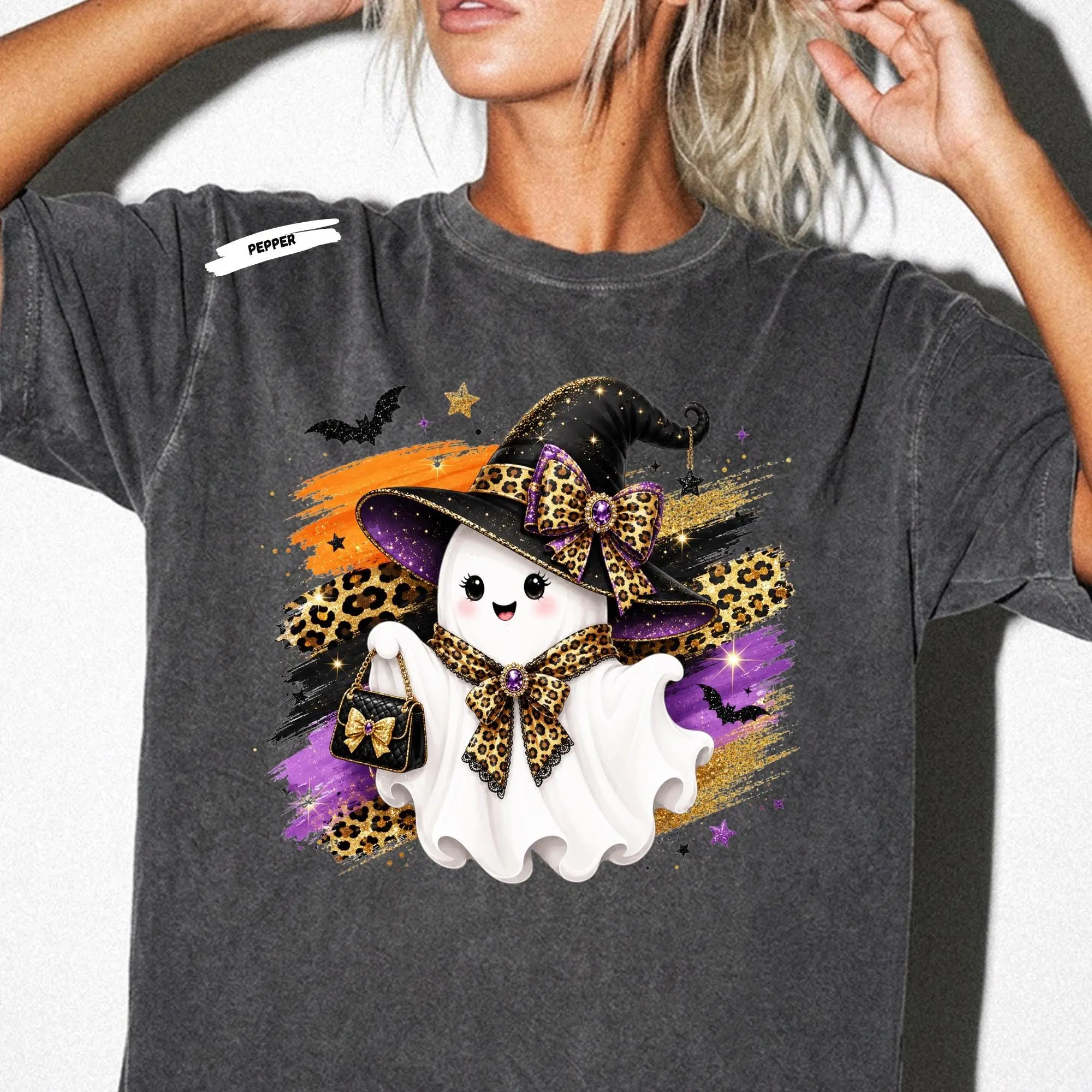 Halloween Girly Leopard Witch Ghost Tee, Glam Boo Spooky Season Graphic Shirt - photo 3