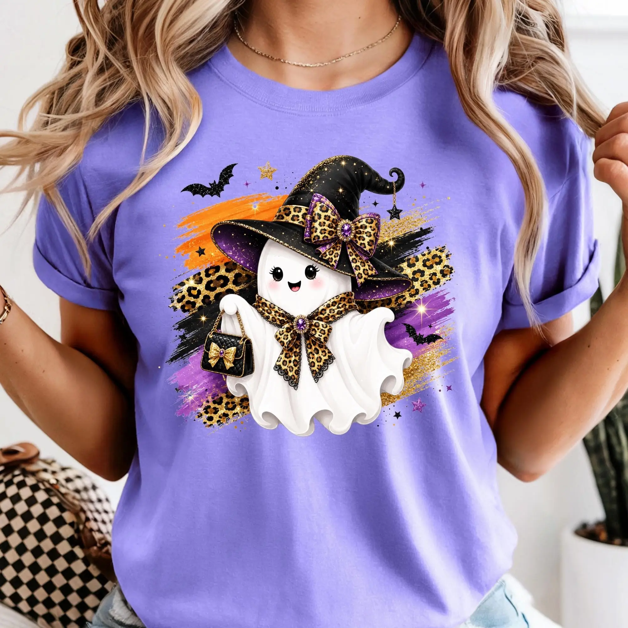 Halloween Girly Leopard Witch Ghost Tee, Glam Boo Spooky Season Graphic Shirt - photo 4