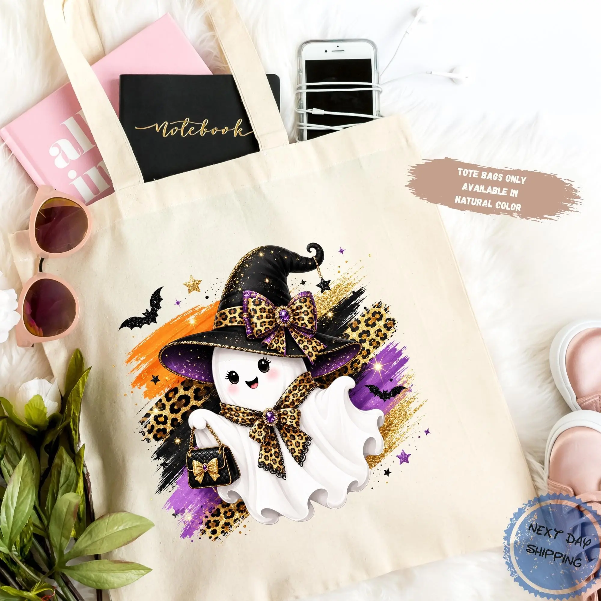 Halloween Girly Leopard Witch Ghost Tee, Glam Boo Spooky Season Graphic Shirt - photo 5