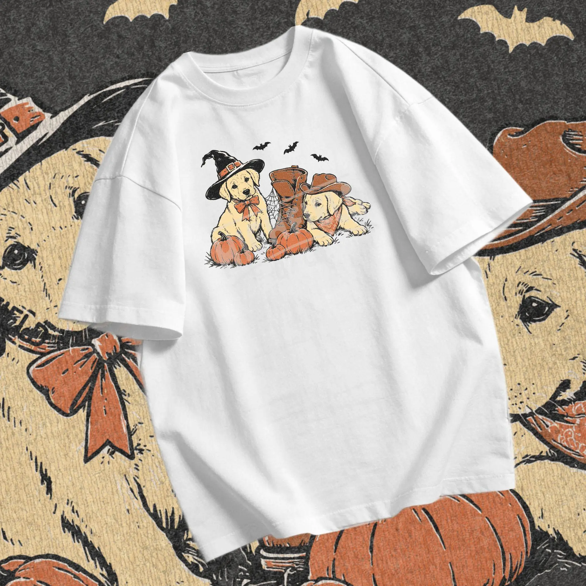 Halloween Golden Retriever Shirt Design PNG, Cute Puppy Witch Cowboy Pumpkin Fall Digital Download for Dog Lovers