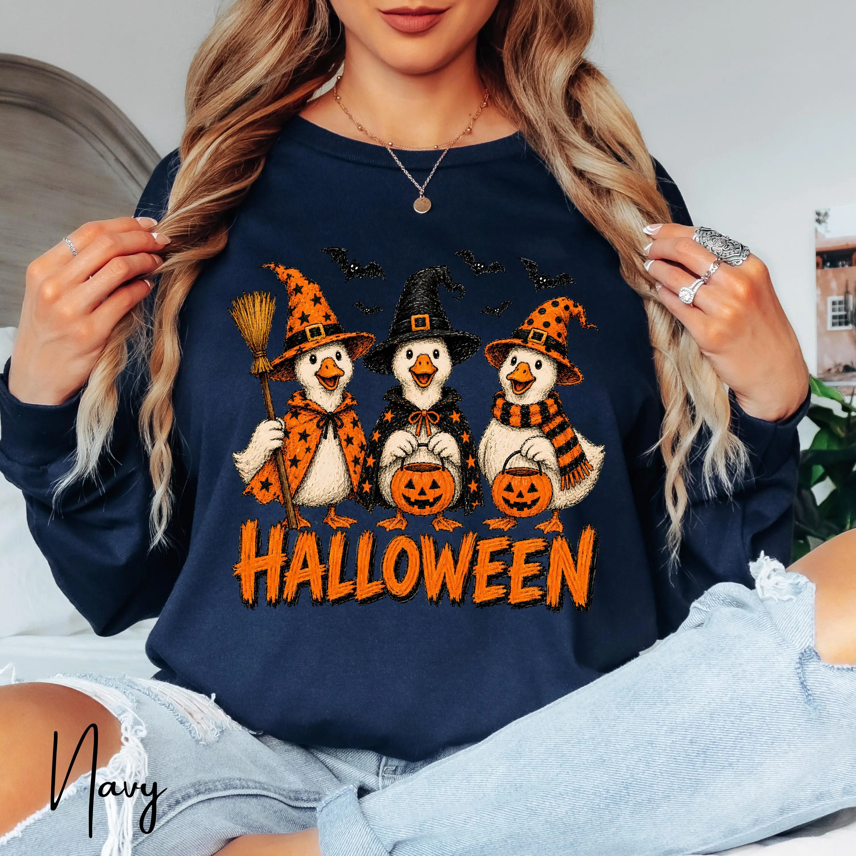 Halloween Silly Goose Sweatshirt, Spooky Geese Costume Top, Fall Graphic Pullover, Ladies Gift - photo 3