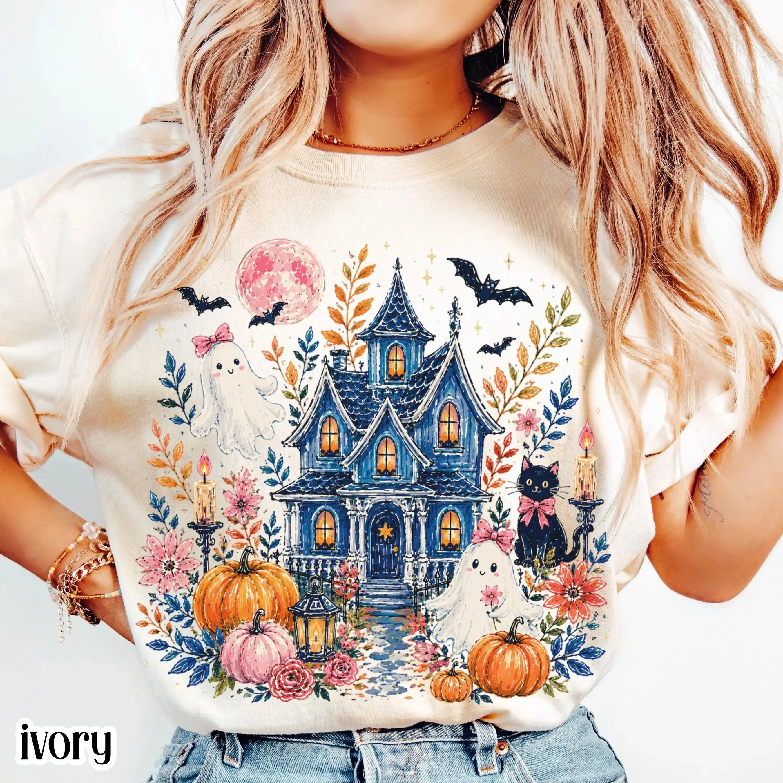 Comfort Colors Haunted House Halloween Shirt, Spooky Ghost Pumpkin Floral Cottage Black Cat Fall Tee