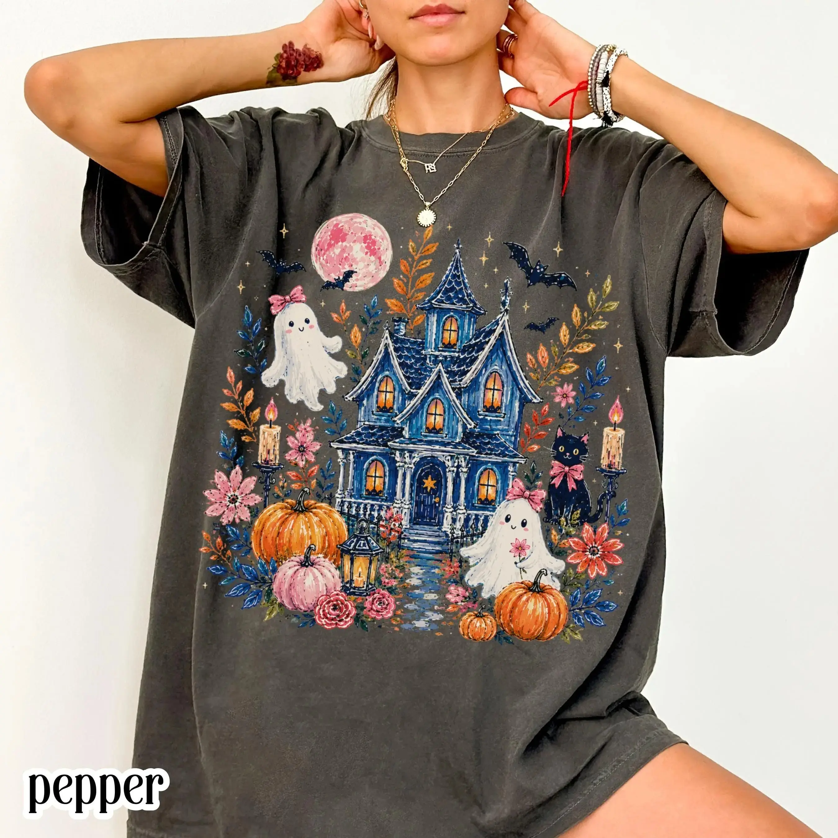 Comfort Colors Haunted House Halloween Shirt, Spooky Ghost Pumpkin Floral Cottage Black Cat Fall Tee - photo 2