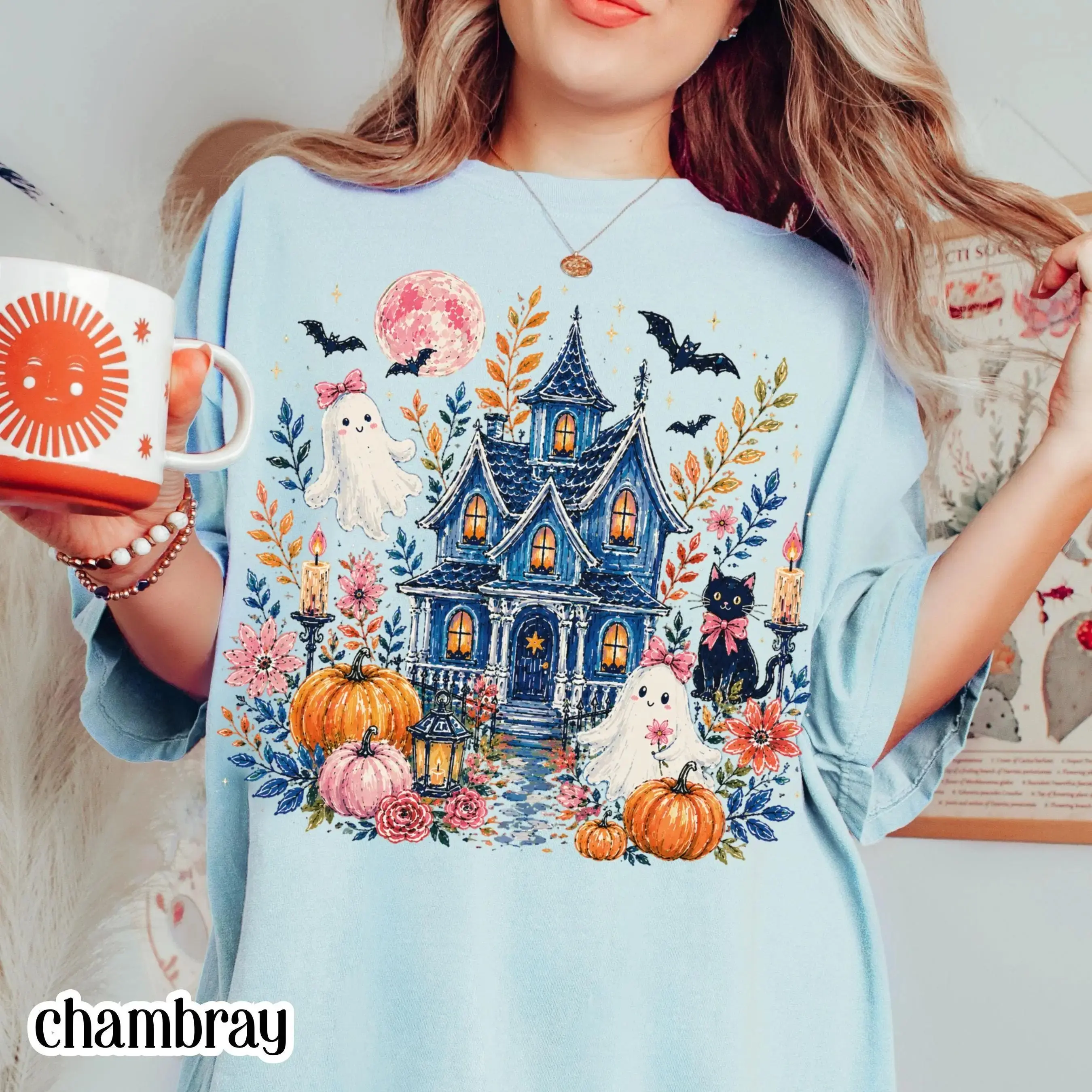 Comfort Colors Haunted House Halloween Shirt, Spooky Ghost Pumpkin Floral Cottage Black Cat Fall Tee - photo 3