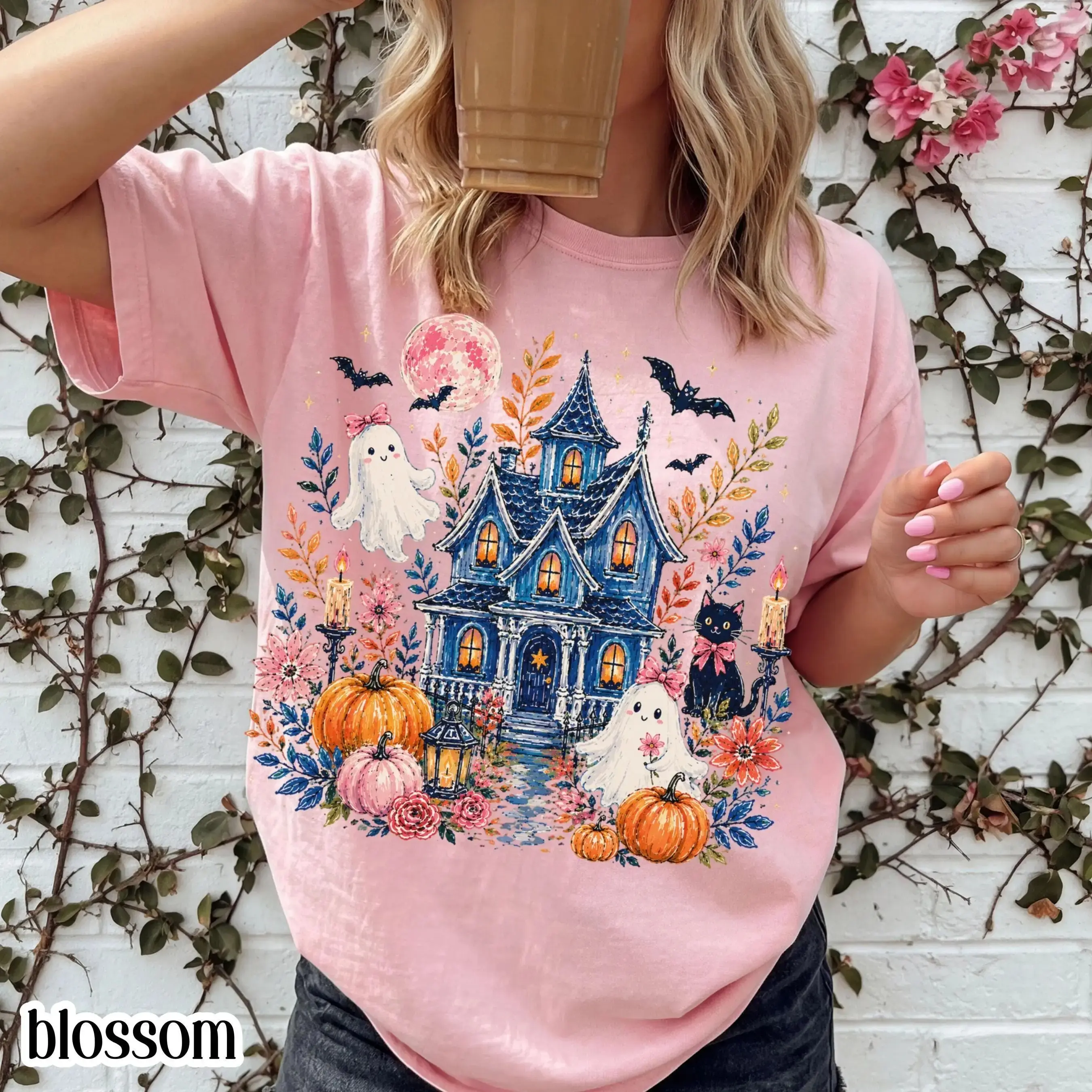 Comfort Colors Haunted House Halloween Shirt, Spooky Ghost Pumpkin Floral Cottage Black Cat Fall Tee - photo 4