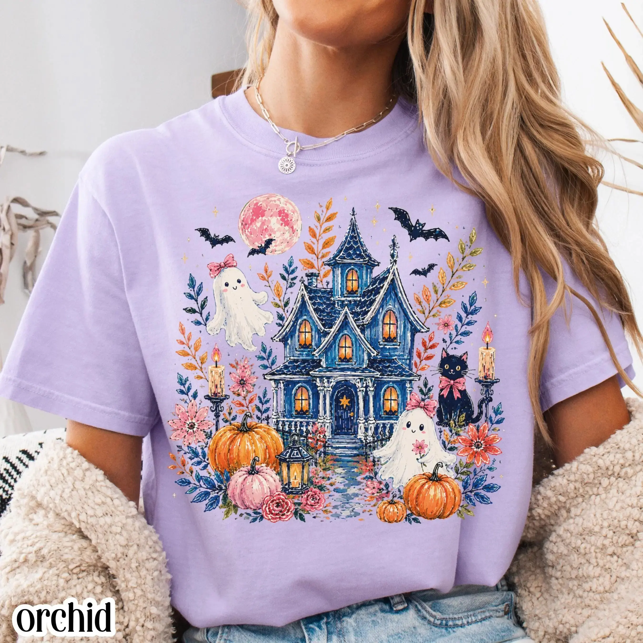 Comfort Colors Haunted House Halloween Shirt, Spooky Ghost Pumpkin Floral Cottage Black Cat Fall Tee - photo 5