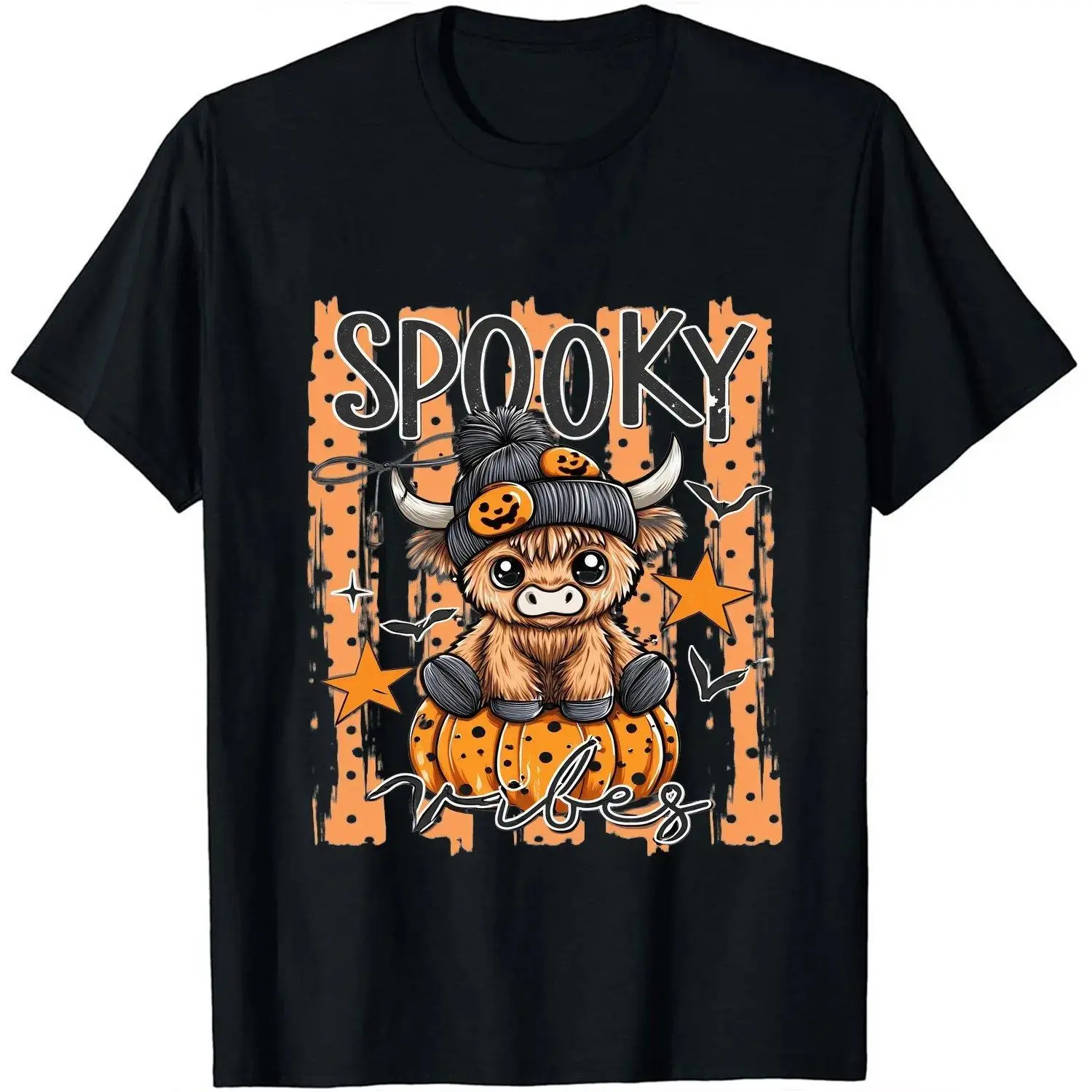 Halloween Highland Cow Spooky Vibes Graphic T-Shirt, Cute Casual Short Sleeve Tee For Women
