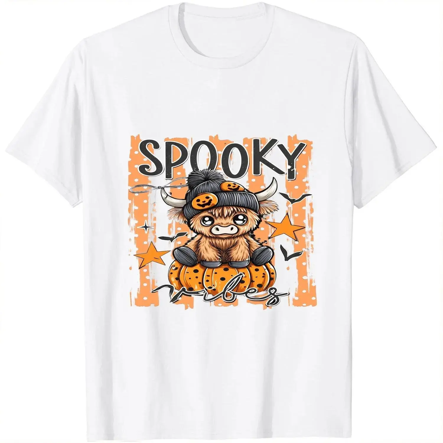 Halloween Highland Cow Spooky Vibes Graphic T-Shirt, Cute Casual Short Sleeve Tee For Women - photo 2