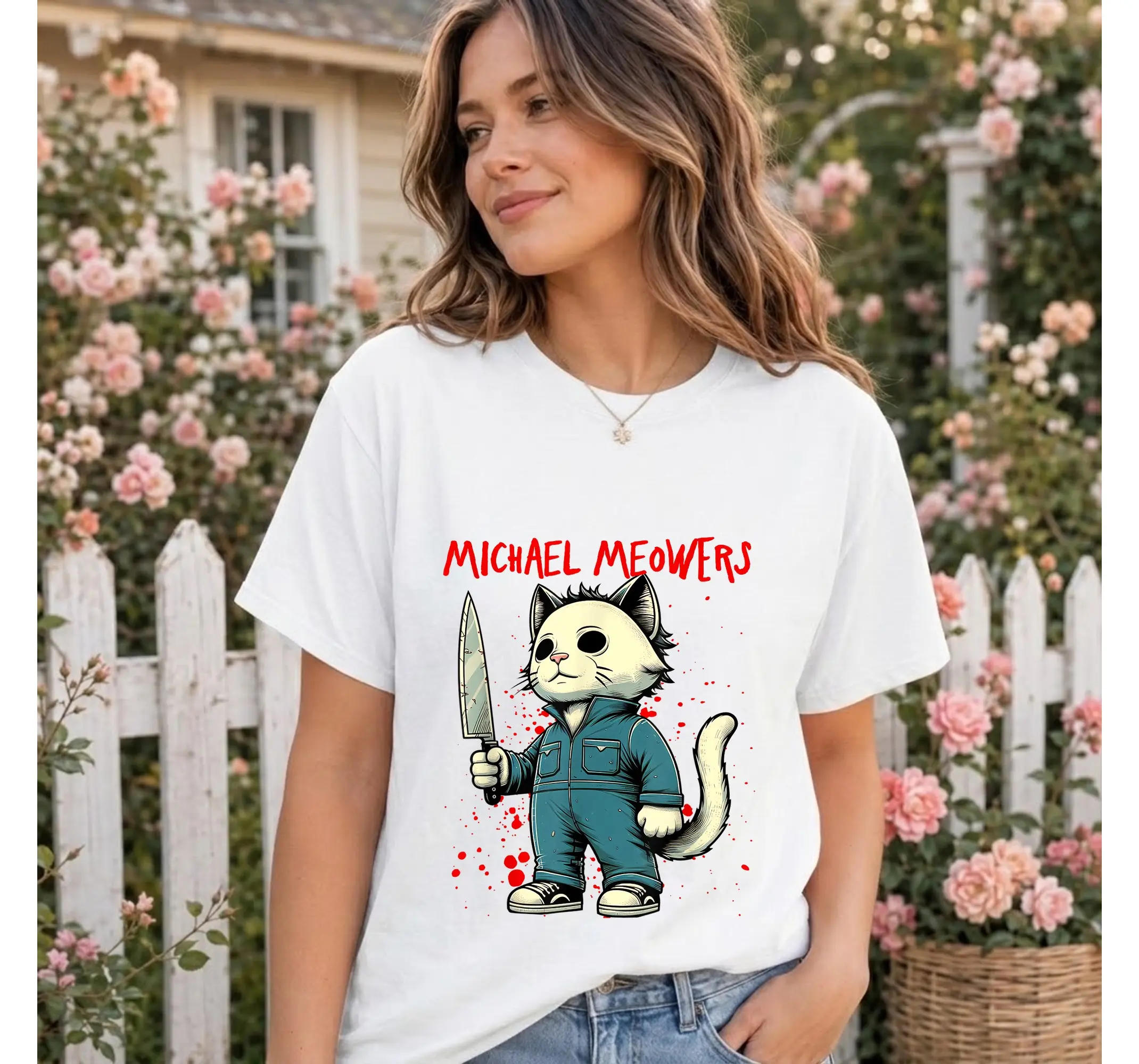 Halloween Horror Cat Shirt, Funny Spooky Kitten Graphic Tee Pet Lover Gift