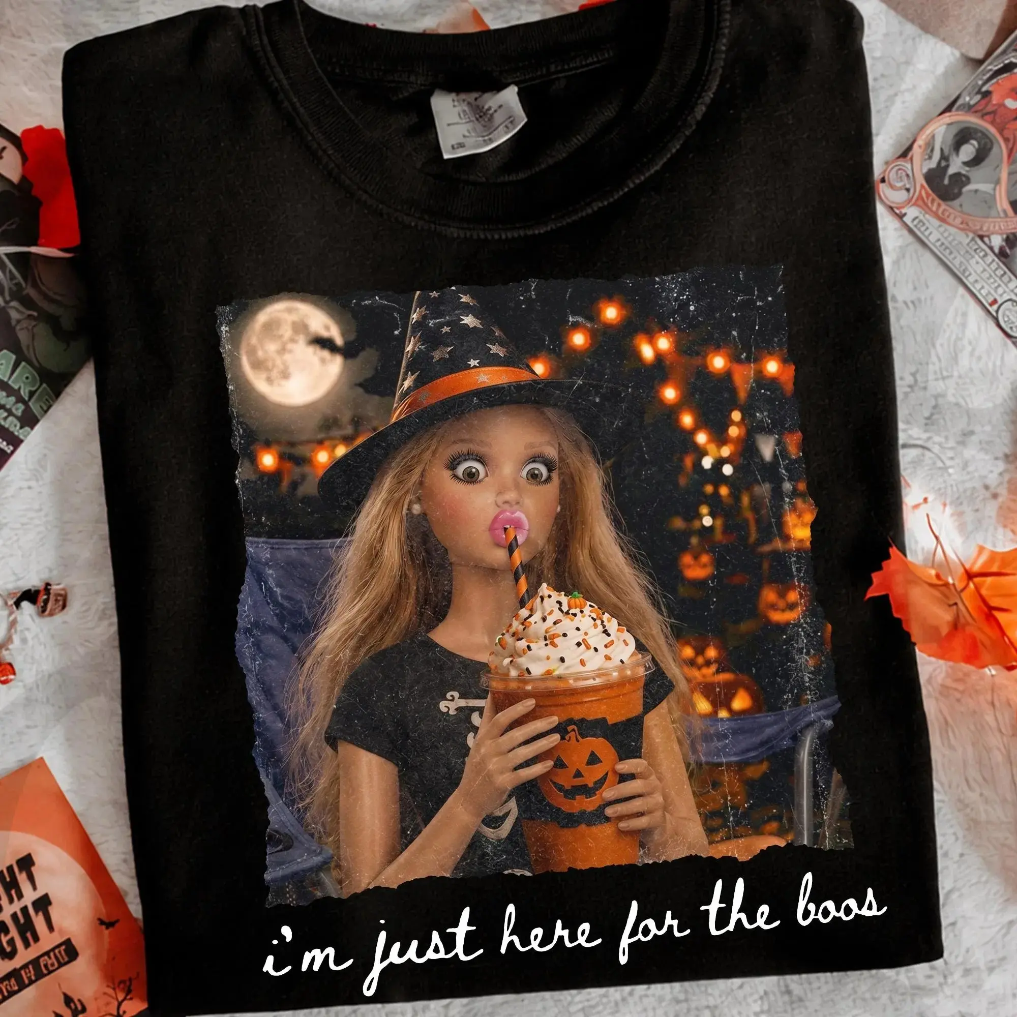 Halloween I'm Just Here For The Boos Sweatshirt, Comfort Colors Spooky Witch Girl Tee, Cute Pumpkin Drink T-Shirt for Women