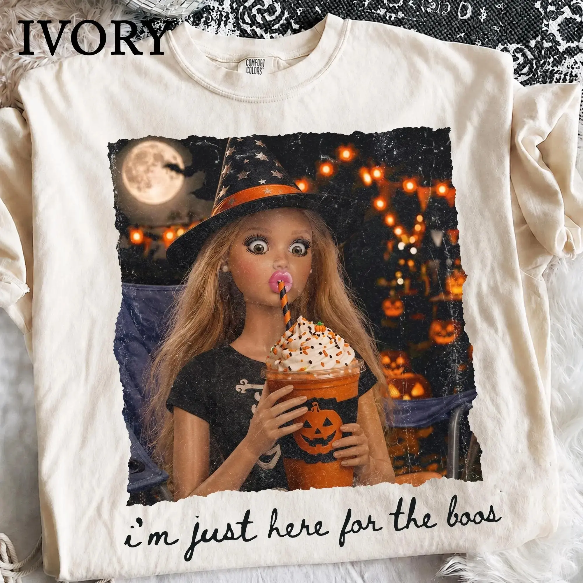 Halloween I'm Just Here For The Boos Sweatshirt, Comfort Colors Spooky Witch Girl Tee, Cute Pumpkin Drink T-Shirt for Women - photo 2