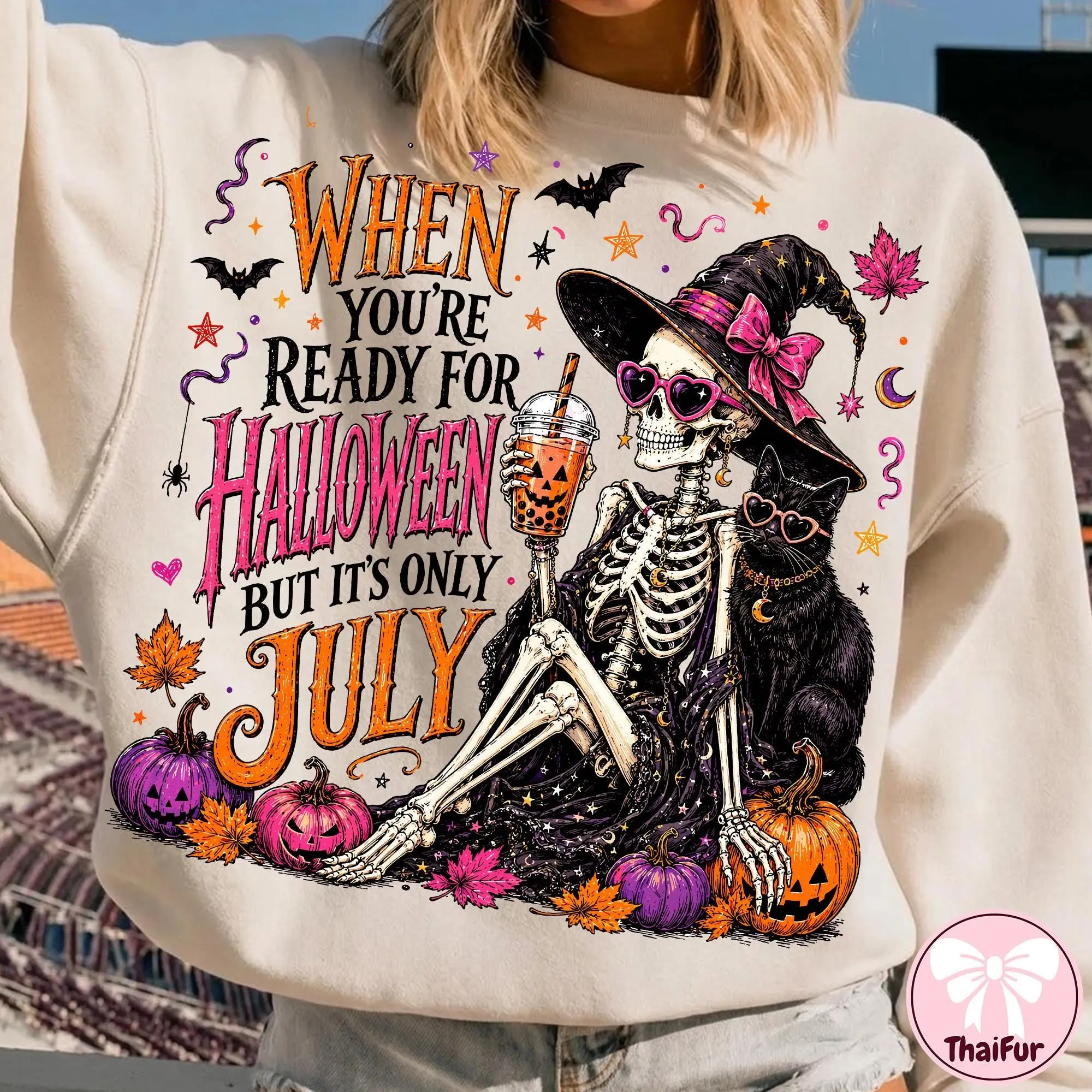 Comfort Colors Halloween in July T-Shirt, Skeleton Witch Cute Retro Spooky Summer Graphic Tee