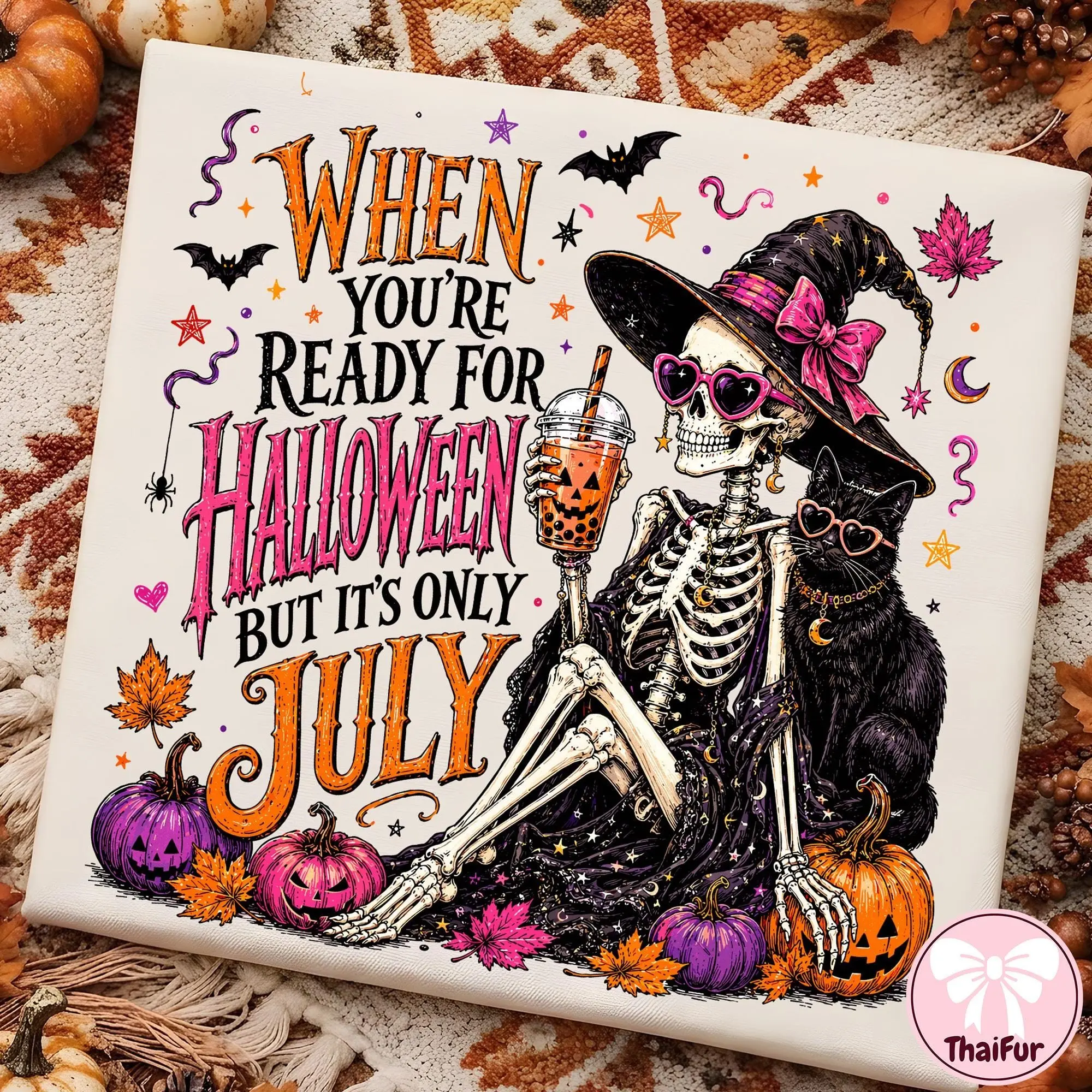 Comfort Colors Halloween in July T-Shirt, Skeleton Witch Cute Retro Spooky Summer Graphic Tee - photo 2