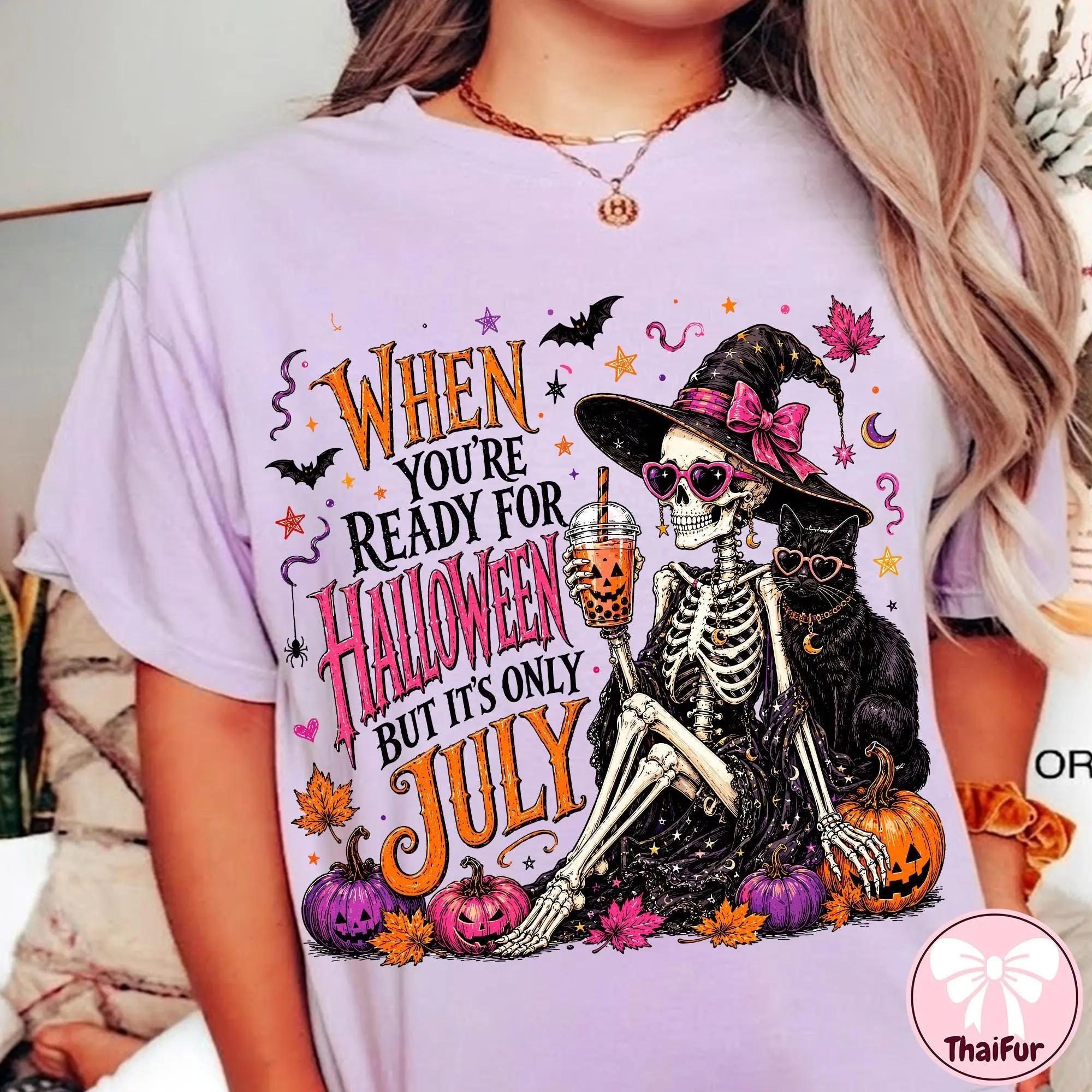 Comfort Colors Halloween in July T-Shirt, Skeleton Witch Cute Retro Spooky Summer Graphic Tee - photo 3