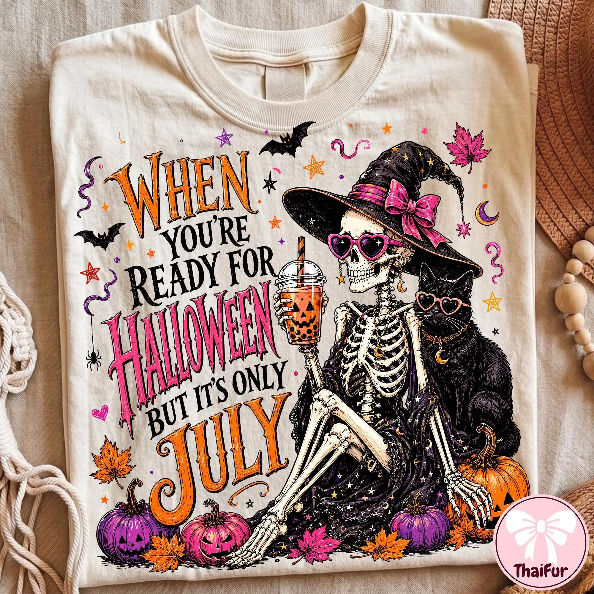 Comfort Colors Halloween in July T-Shirt, Skeleton Witch Cute Retro Spooky Summer Graphic Tee - photo 5