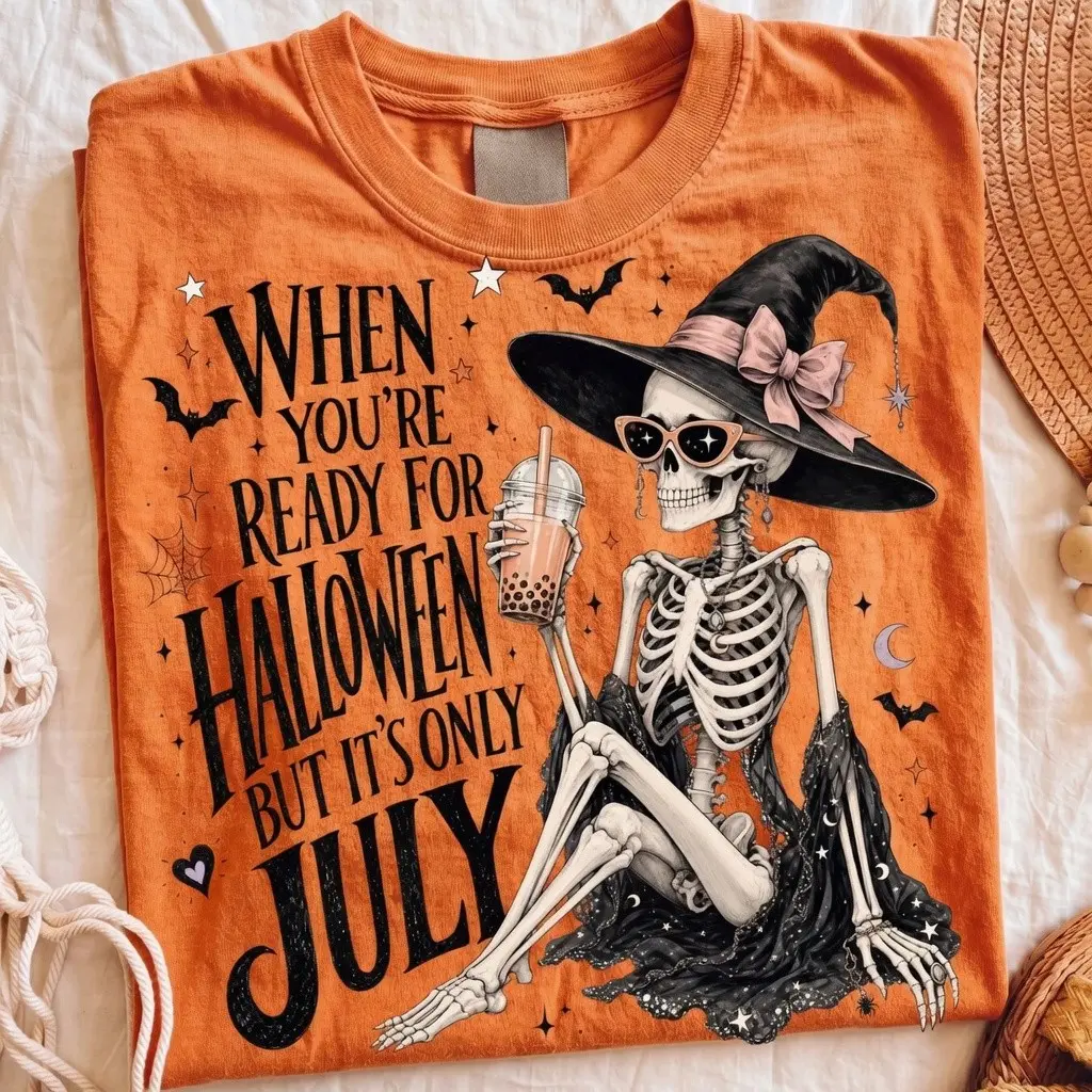 Halloween In July Skeleton Witch Shirt, Spooky Summer Graphic Tee, Funny Summerween Top