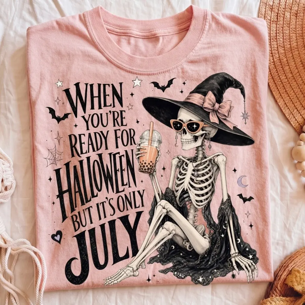 Halloween In July Skeleton Witch Shirt, Spooky Summer Graphic Tee, Funny Summerween Top - photo 2