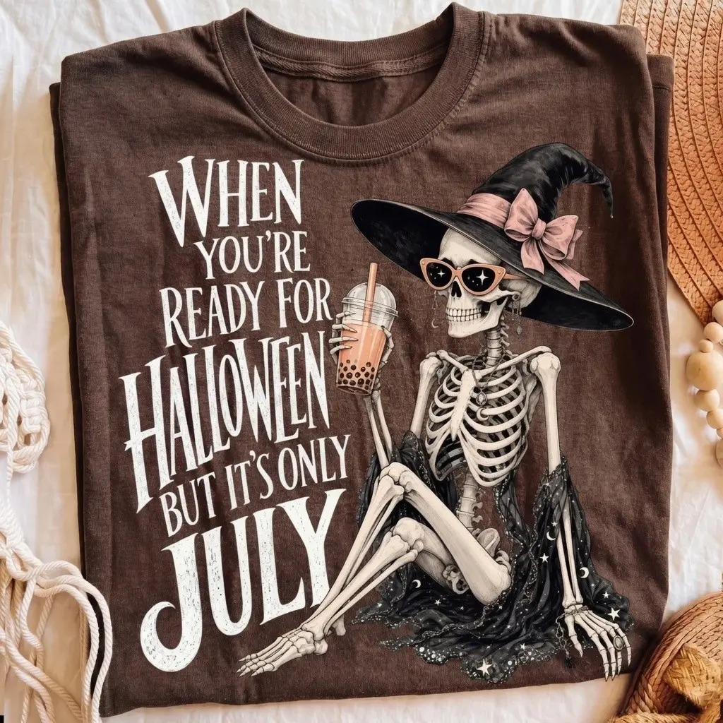 Halloween In July Skeleton Witch Shirt, Spooky Summer Graphic Tee, Funny Summerween Top - photo 3