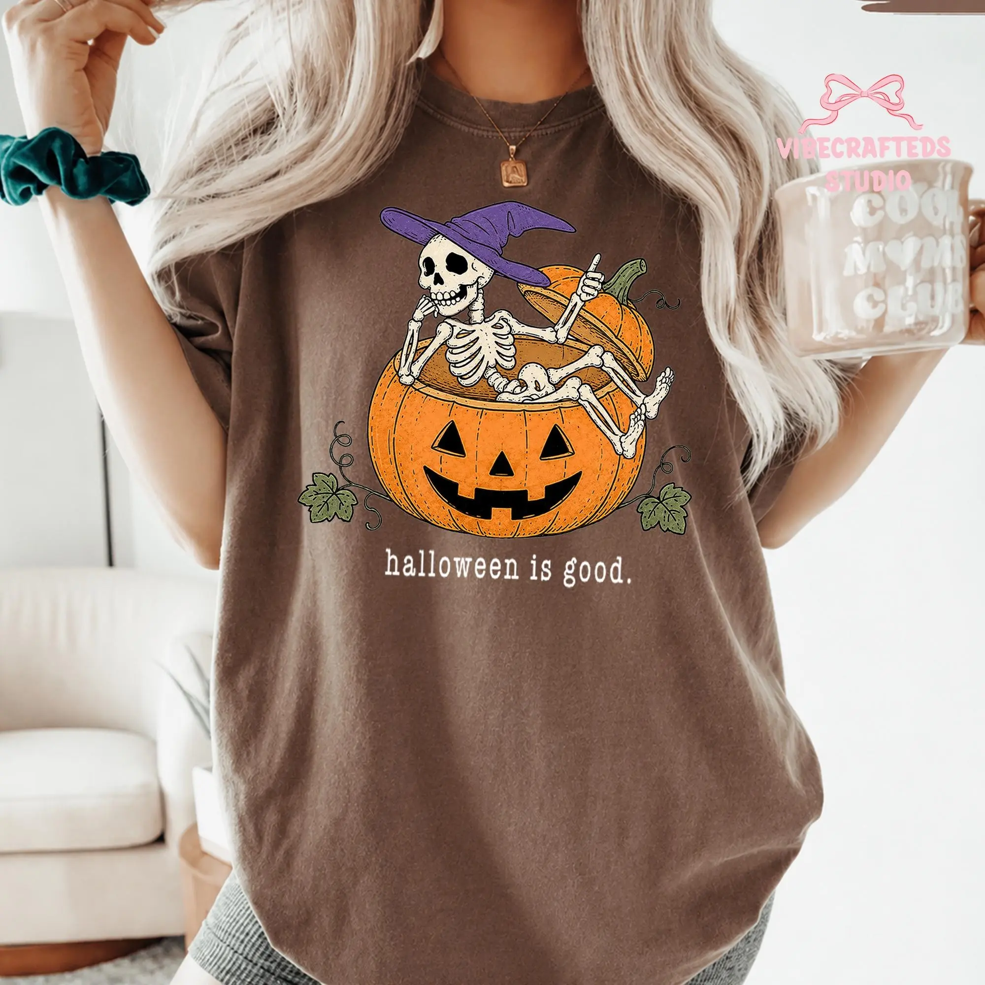 Halloween Is Good Skeleton Sitting in Jack O Lantern Shirt, Funny Witch Hat Pumpkin Graphic Tee - photo 2