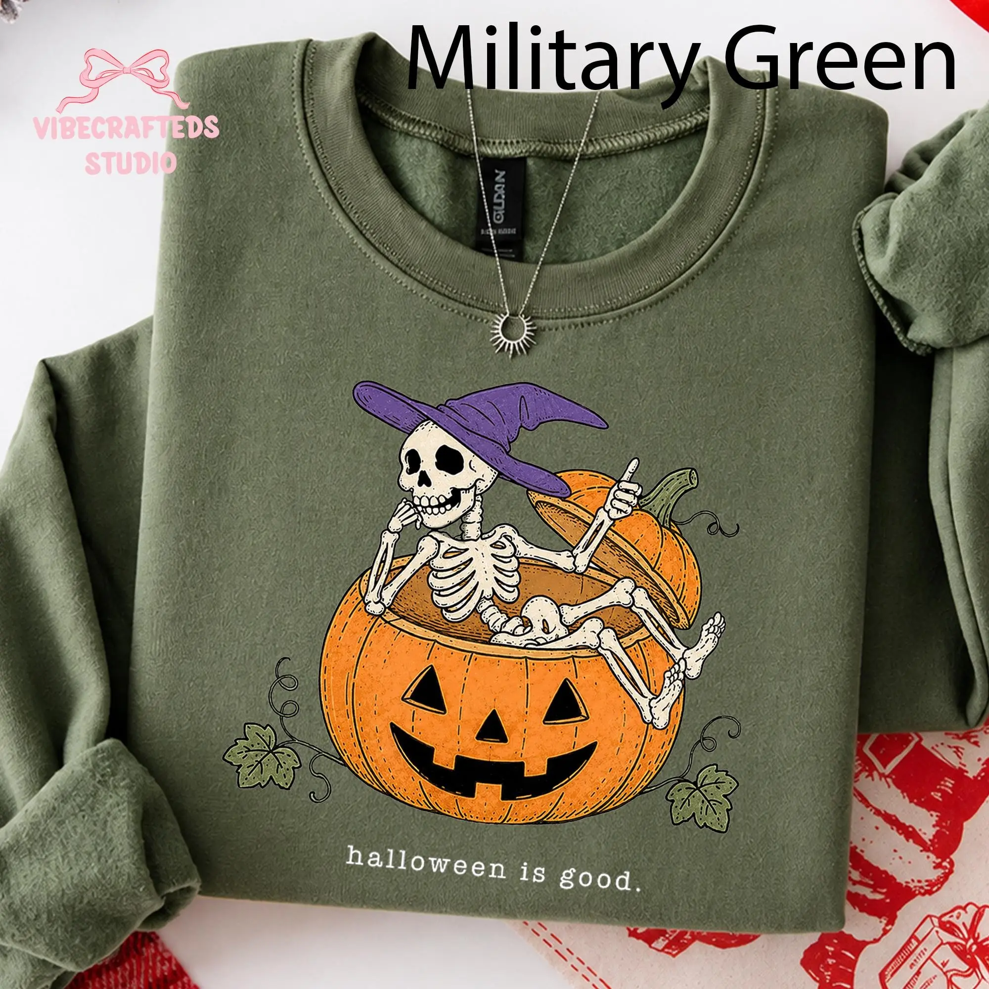 Halloween Is Good Skeleton Sitting in Jack O Lantern Shirt, Funny Witch Hat Pumpkin Graphic Tee - photo 3