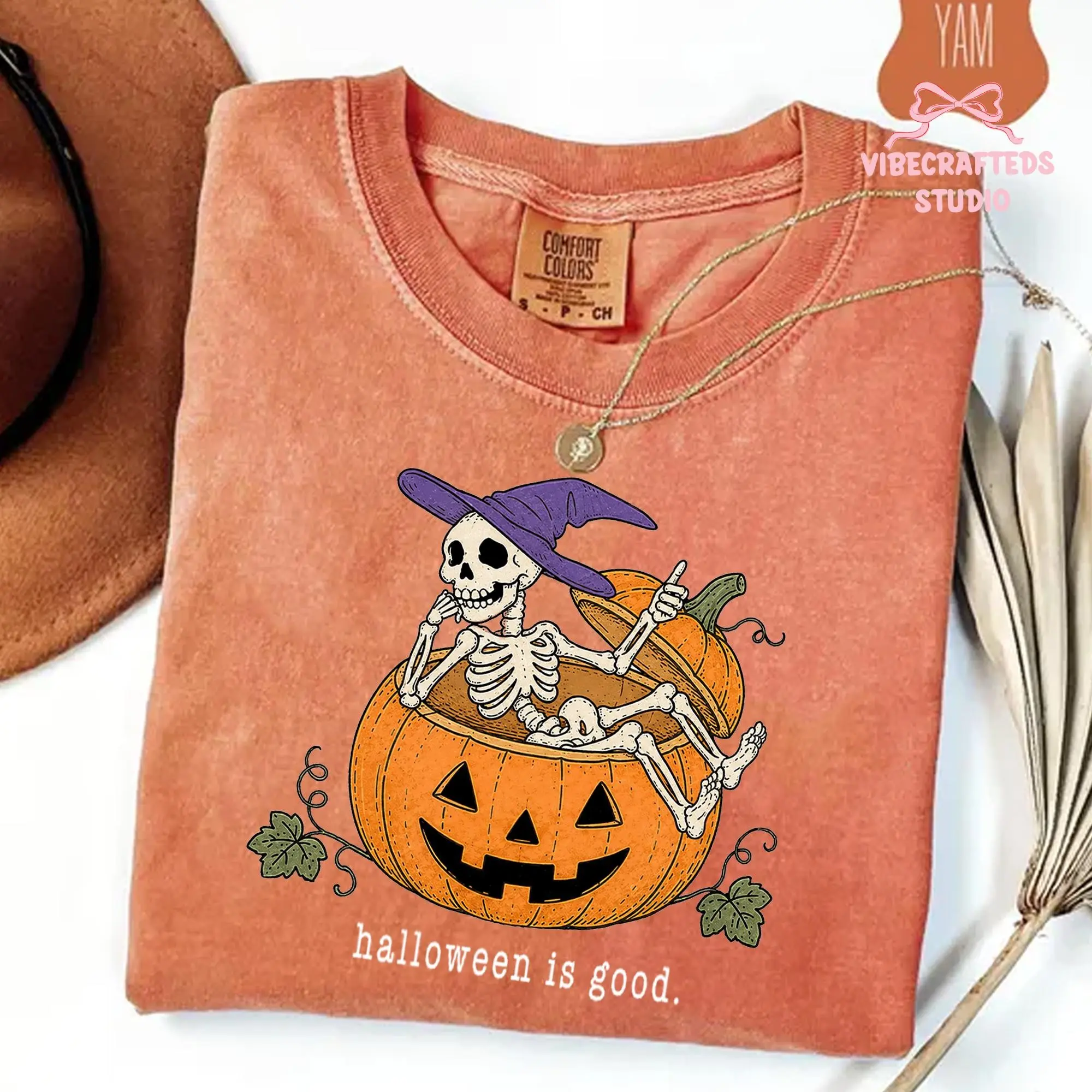 Halloween Is Good Skeleton Sitting in Jack O Lantern Shirt, Funny Witch Hat Pumpkin Graphic Tee - photo 4