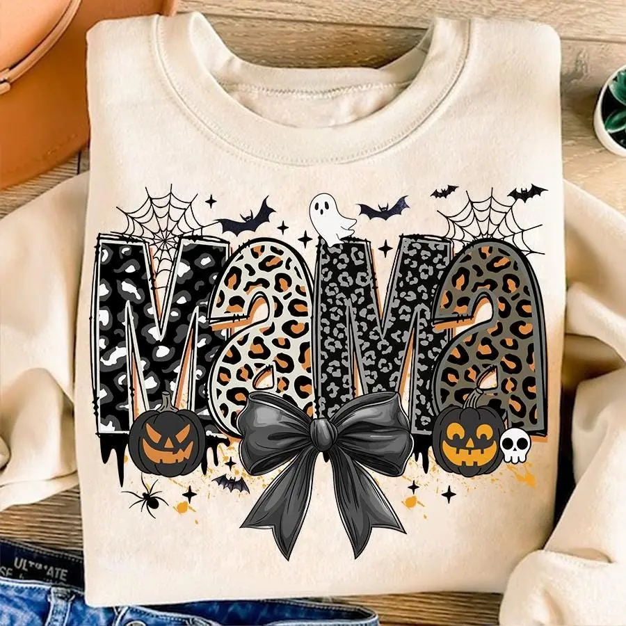 Halloween Mama Leopard Print Pullover Sweatshirt, Coquette Scary Spooky Season Crewneck for Moms - photo 1
