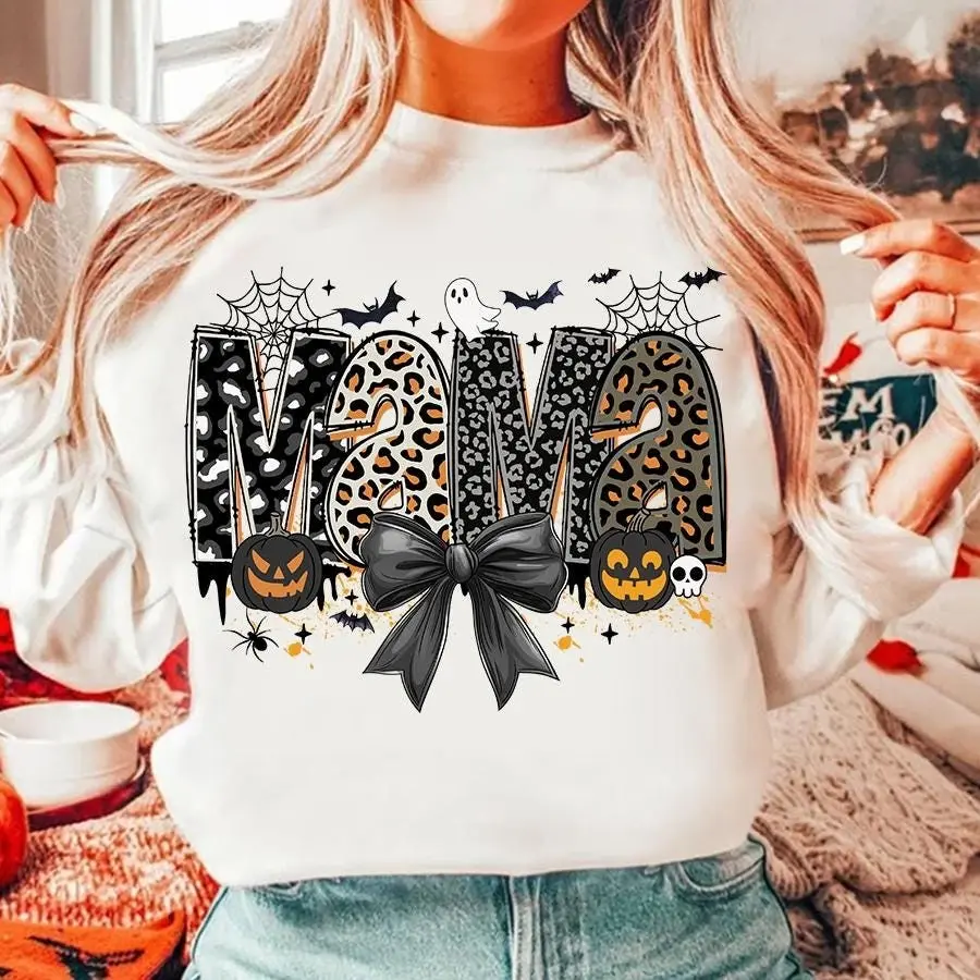 Halloween Mama Leopard Print Pullover Sweatshirt, Coquette Scary Spooky Season Crewneck for Moms - photo 3