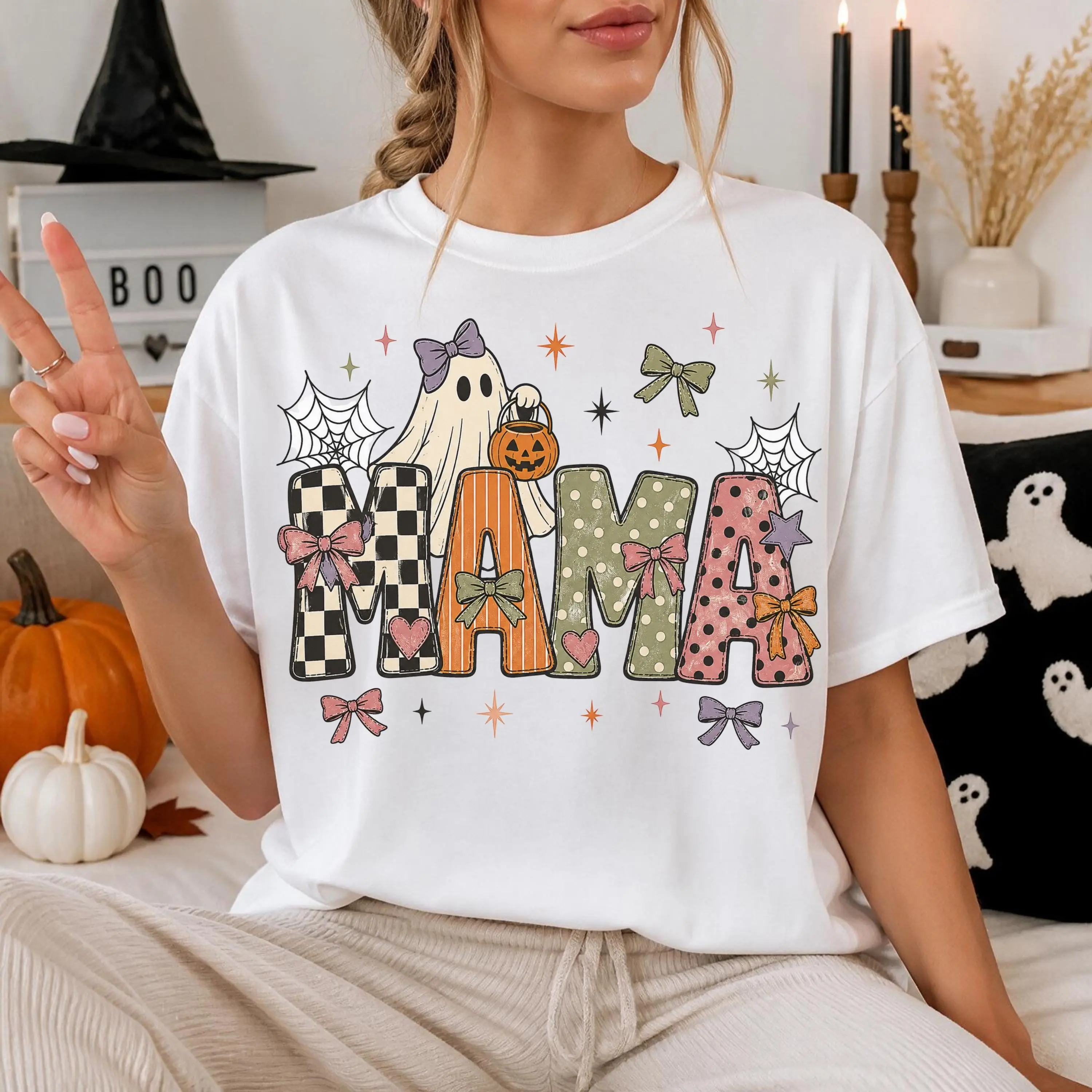 Comfort Colors Halloween Mama Shirt, Cute Ghost Pumpkin Bucket Oversized Top, Spooky Season Coquette Bow Gift