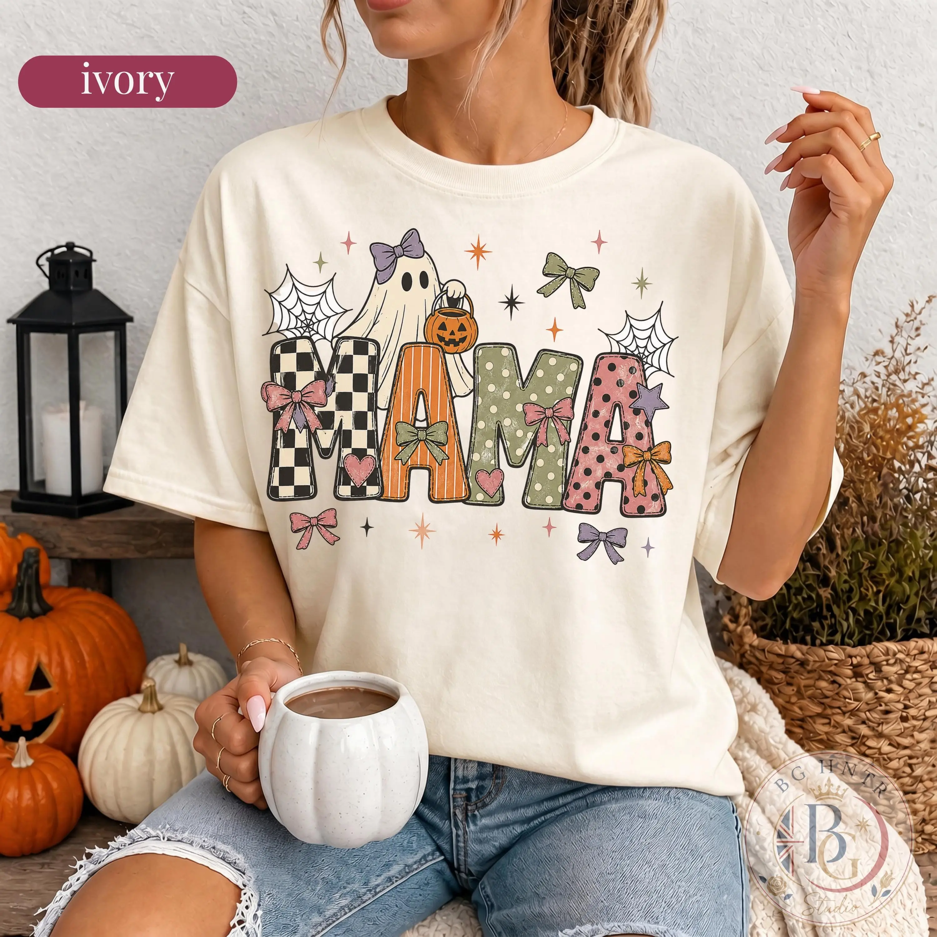Comfort Colors Halloween Mama Shirt, Cute Ghost Pumpkin Bucket Oversized Top, Spooky Season Coquette Bow Gift - photo 2