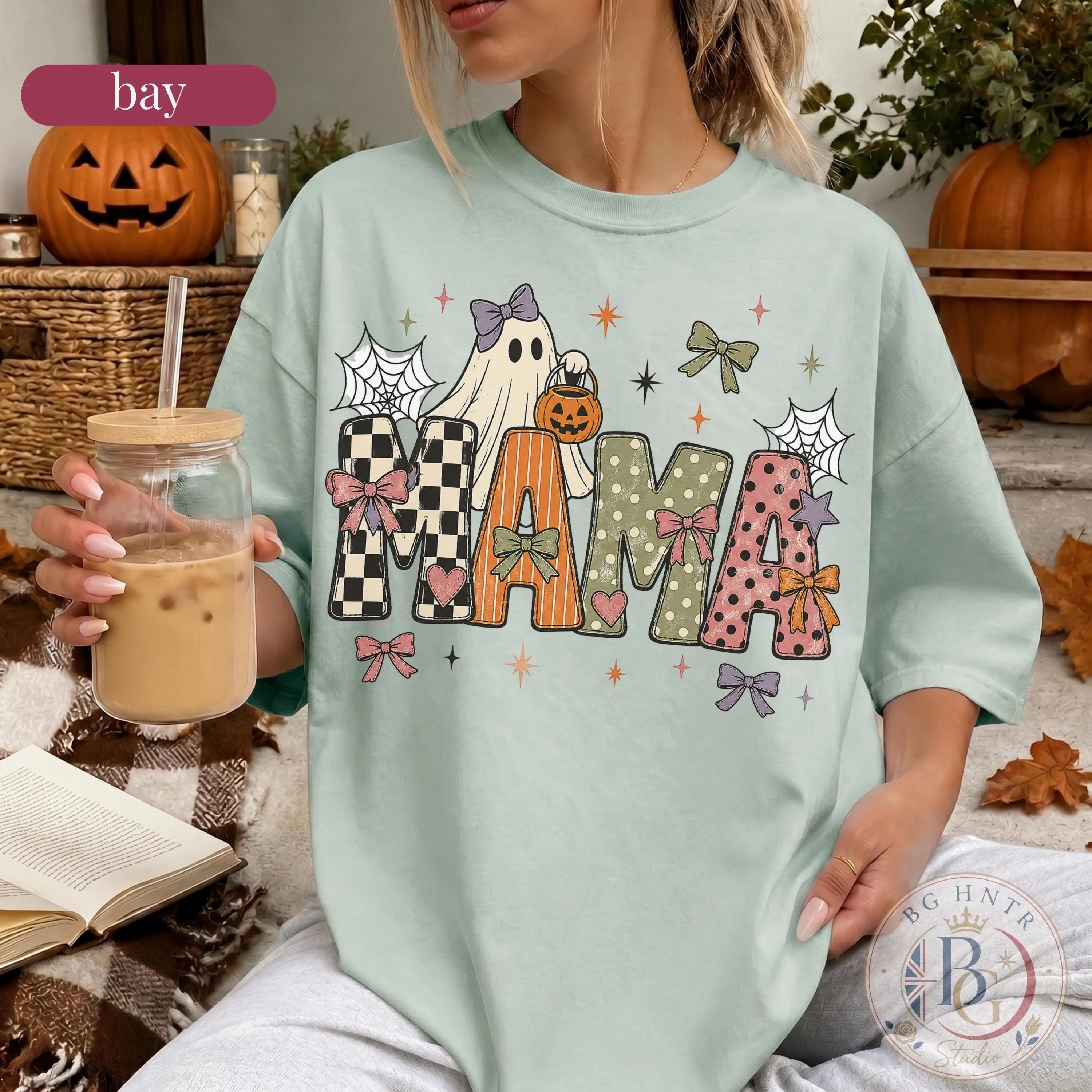 Comfort Colors Halloween Mama Shirt, Cute Ghost Pumpkin Bucket Oversized Top, Spooky Season Coquette Bow Gift - photo 3