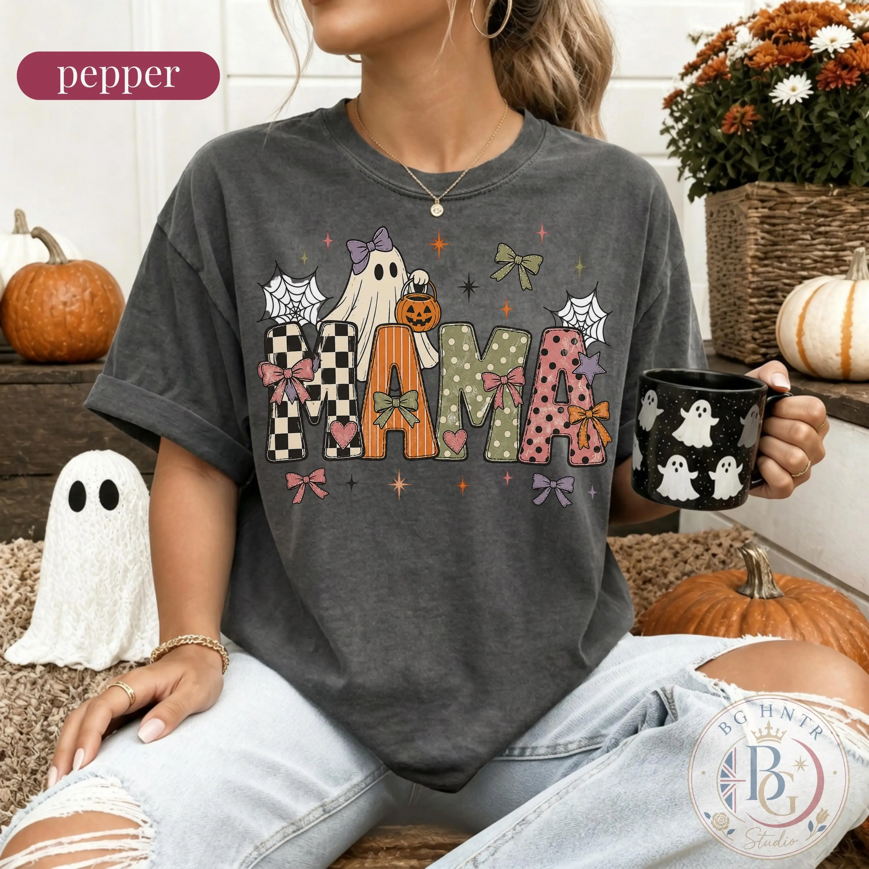Comfort Colors Halloween Mama Shirt, Cute Ghost Pumpkin Bucket Oversized Top, Spooky Season Coquette Bow Gift - photo 5