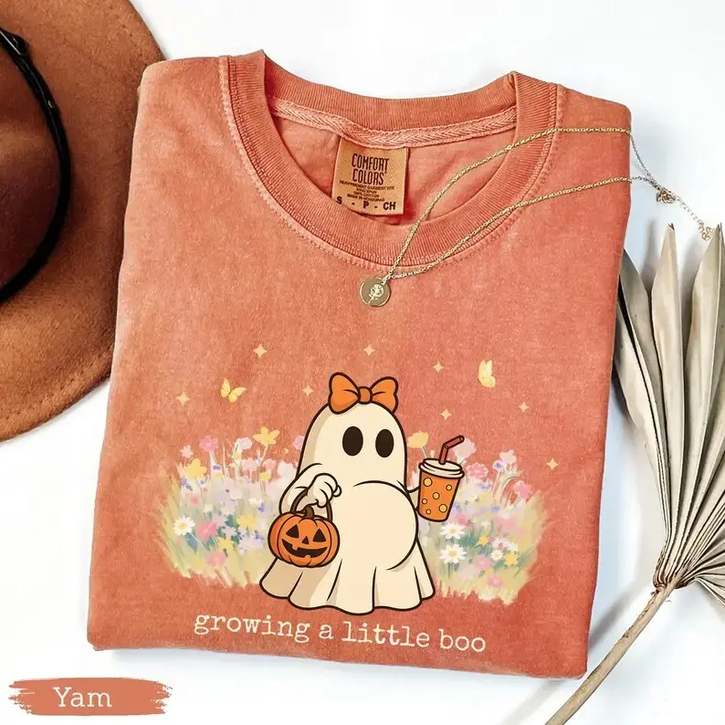 Halloween Maternity Comfort Colors Shirt, Growing A Little Boo Tee, Spooky Pregnancy Announcement Mommy Gift