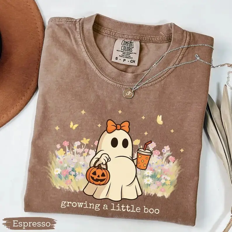 Halloween Maternity Comfort Colors Shirt, Growing A Little Boo Tee, Spooky Pregnancy Announcement Mommy Gift - photo 3