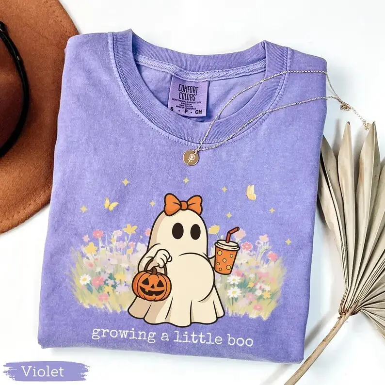 Halloween Maternity Comfort Colors Shirt, Growing A Little Boo Tee, Spooky Pregnancy Announcement Mommy Gift - photo 4