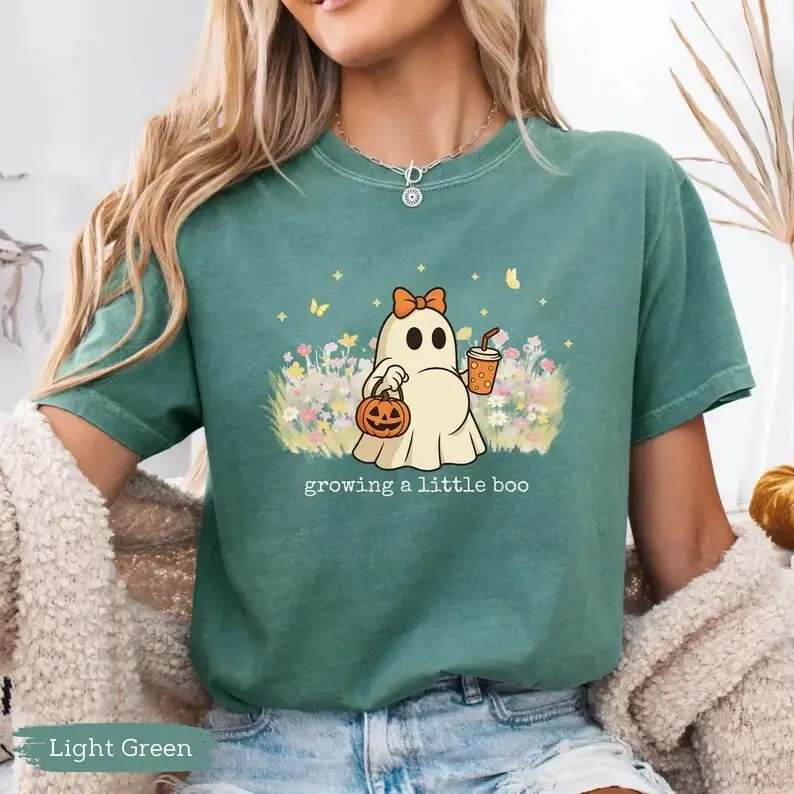 Halloween Maternity Comfort Colors Shirt, Growing A Little Boo Tee, Spooky Pregnancy Announcement Mommy Gift - photo 5