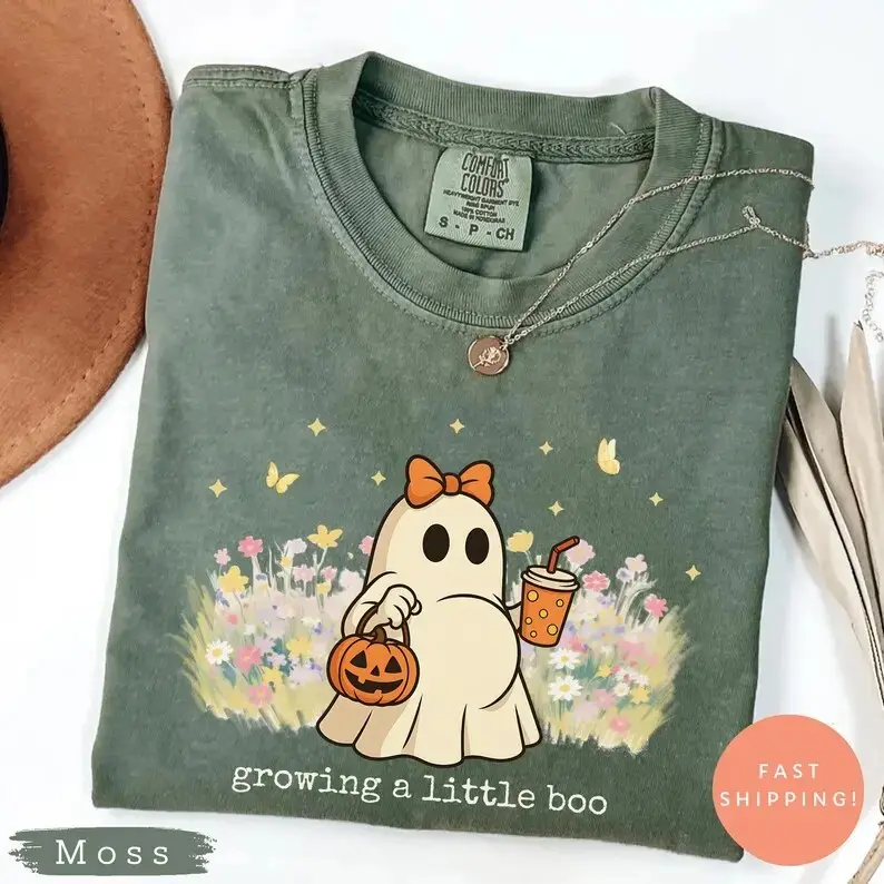 Halloween Maternity Shirt Growing A Little Boo, Funny Pregnancy Announcement Comfort Colors Tee, Spooky Pregnant Costume Top