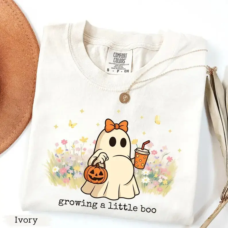 Halloween Maternity Shirt Growing A Little Boo, Funny Pregnancy Announcement Comfort Colors Tee, Spooky Pregnant Costume Top - photo 3