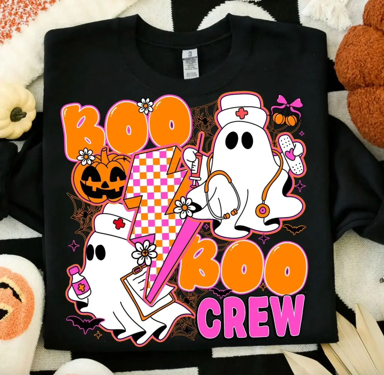 Halloween Neon Nurse Sweatshirt, Boo Boo Crew Ghost Graphic Top, Nursing Fall Spooky Gift