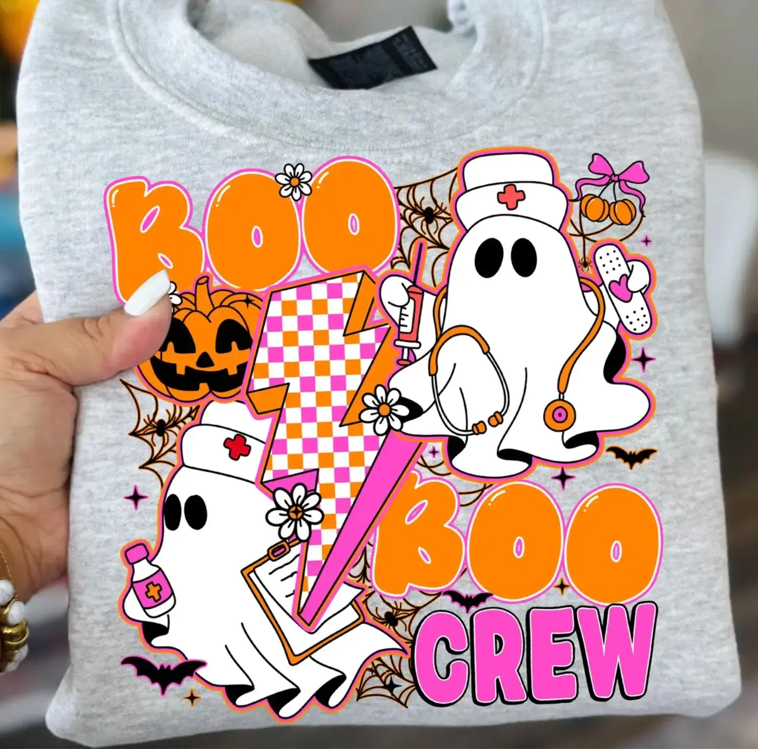 Halloween Neon Nurse Sweatshirt, Boo Boo Crew Ghost Graphic Top, Nursing Fall Spooky Gift - photo 3