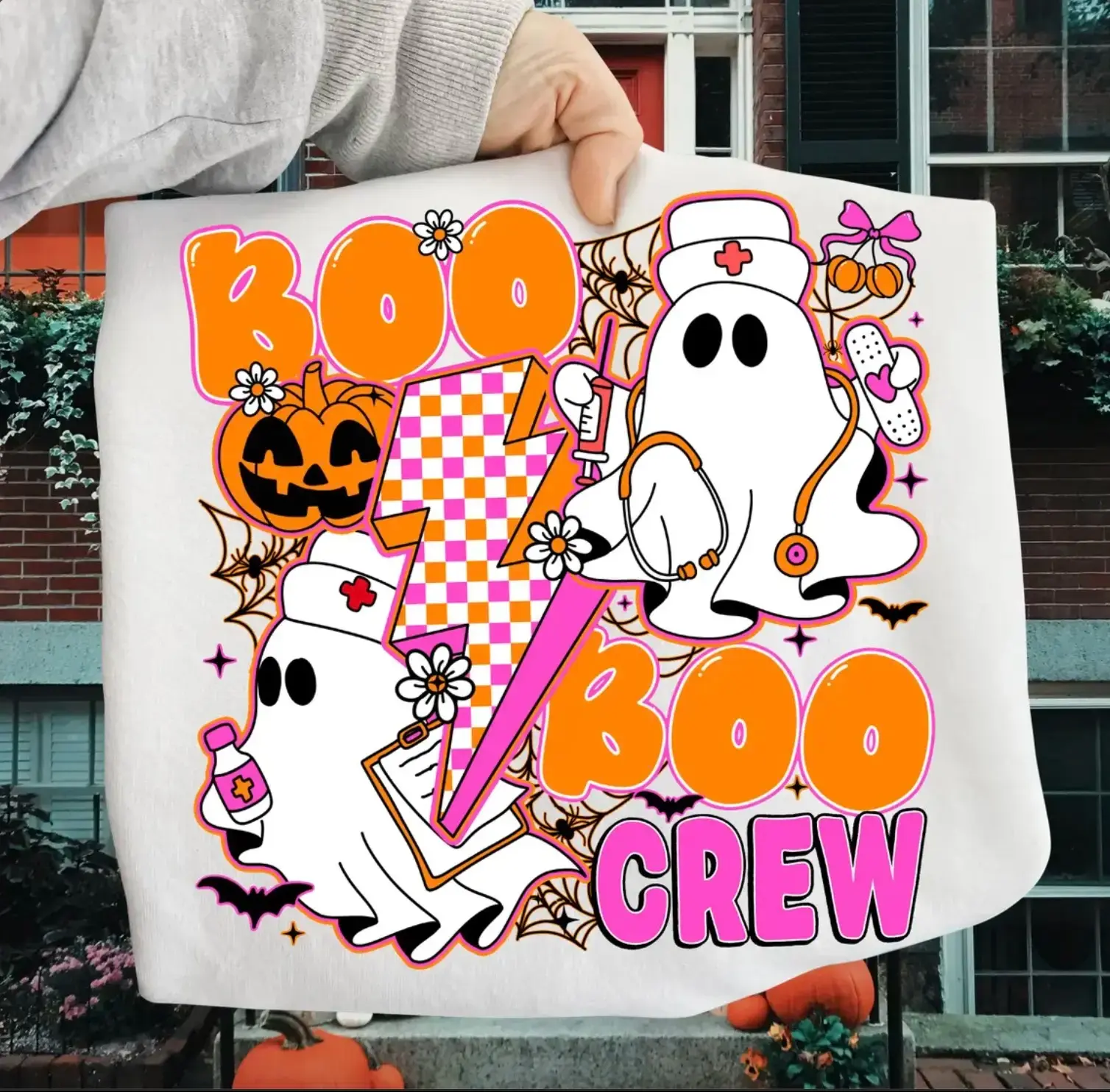 Halloween Neon Nurse Sweatshirt, Boo Boo Crew Ghost Graphic Top, Nursing Fall Spooky Gift - photo 4