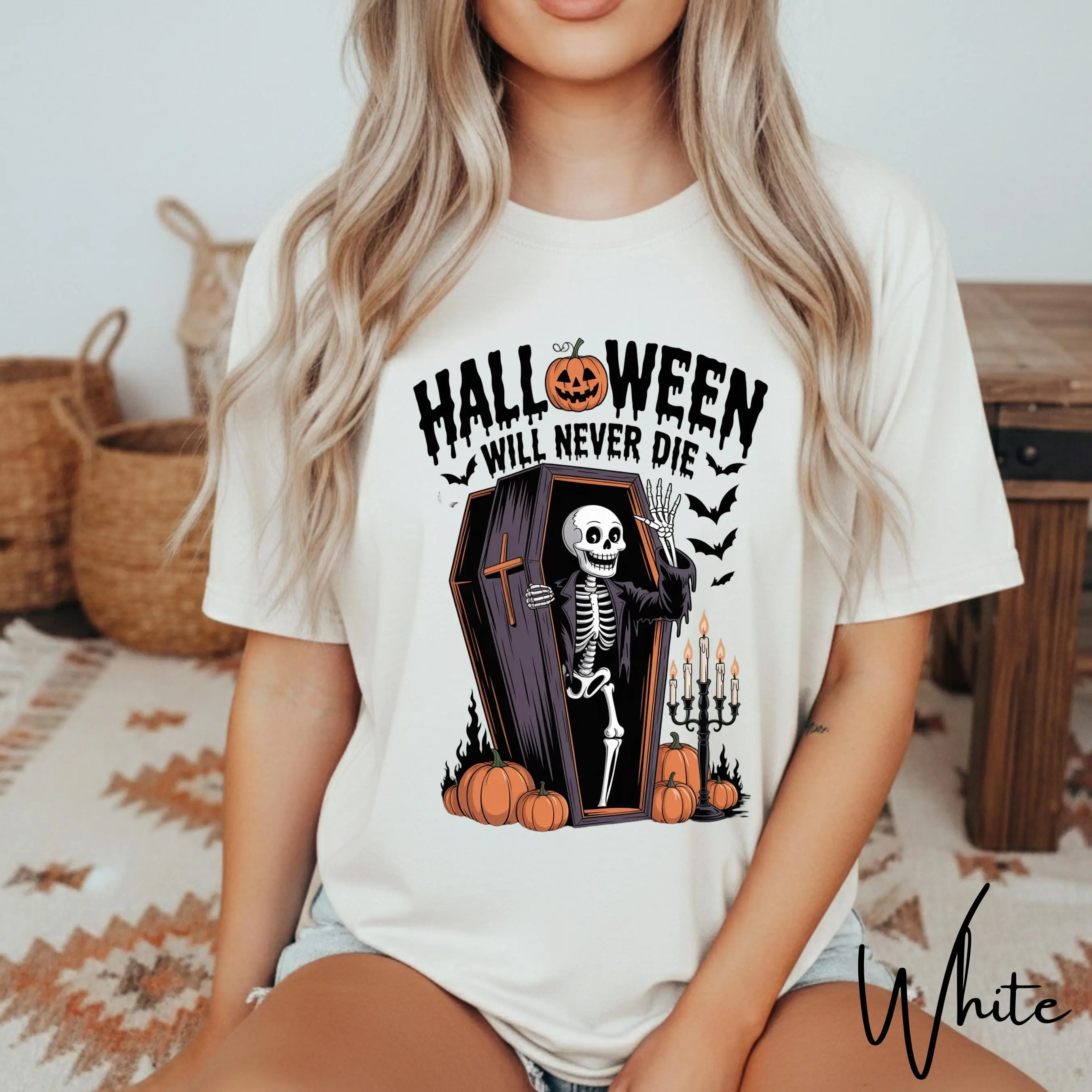 Comfort Colors 1717 Halloween Never Dies Shirt, Skeleton Coffin Gothic Vintage Horror Spooky Tee
