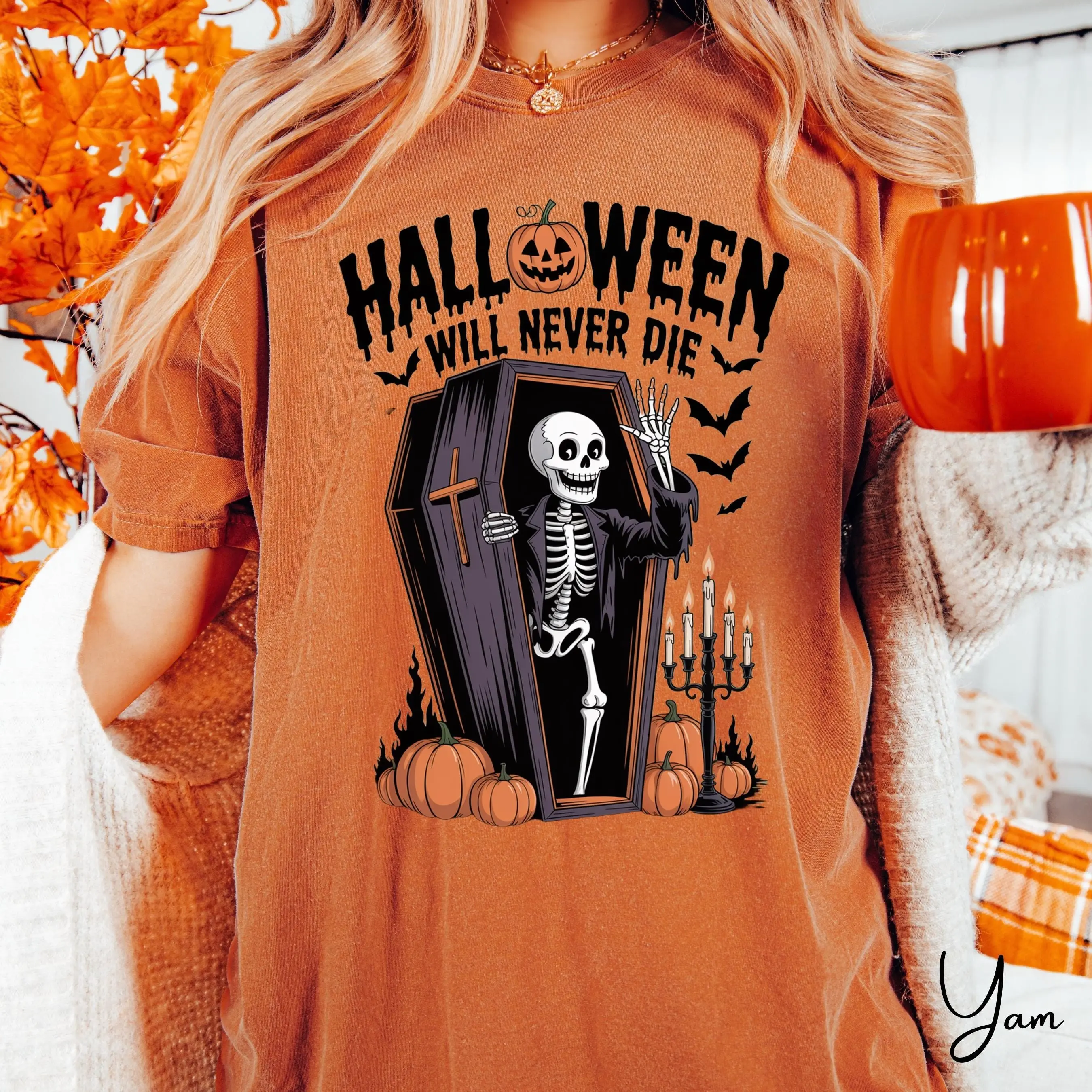 Comfort Colors 1717 Halloween Never Dies Shirt, Skeleton Coffin Gothic Vintage Horror Spooky Tee - photo 2