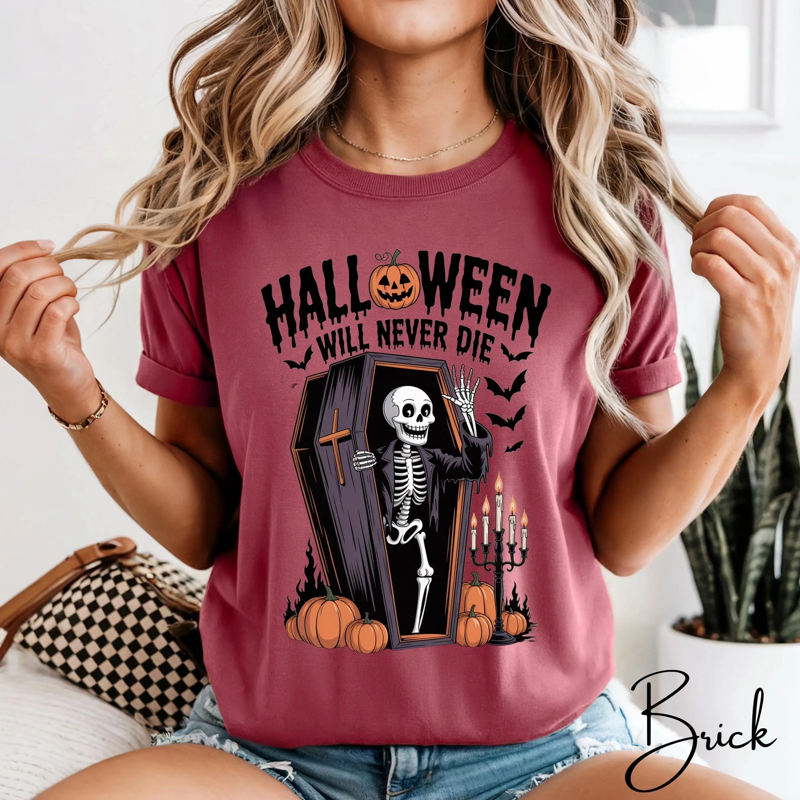 Comfort Colors 1717 Halloween Never Dies Shirt, Skeleton Coffin Gothic Vintage Horror Spooky Tee - photo 3
