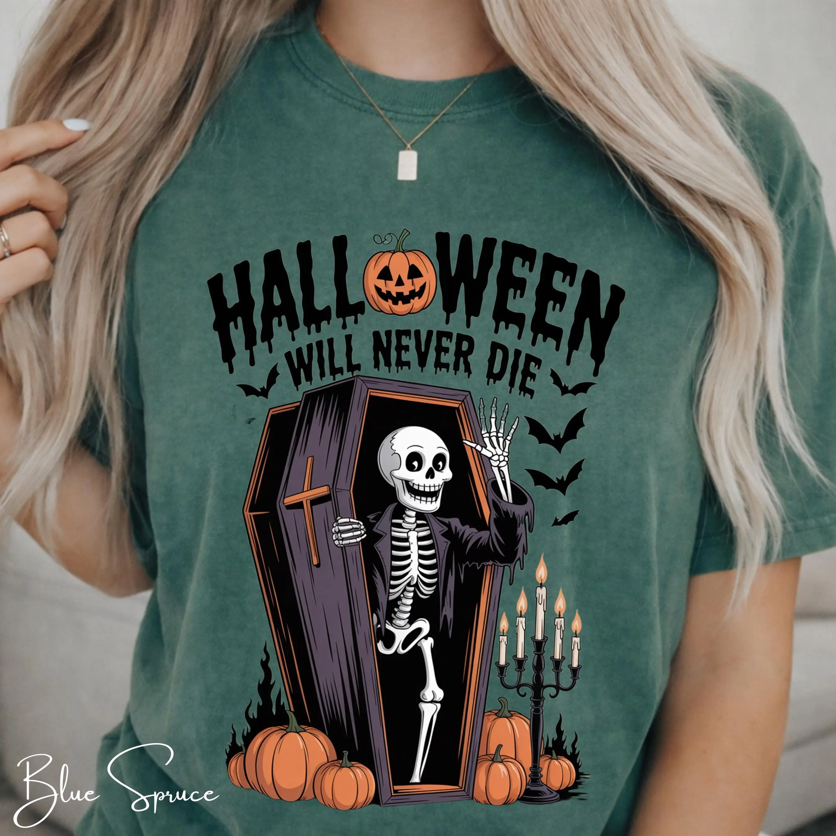 Comfort Colors 1717 Halloween Never Dies Shirt, Skeleton Coffin Gothic Vintage Horror Spooky Tee - photo 4