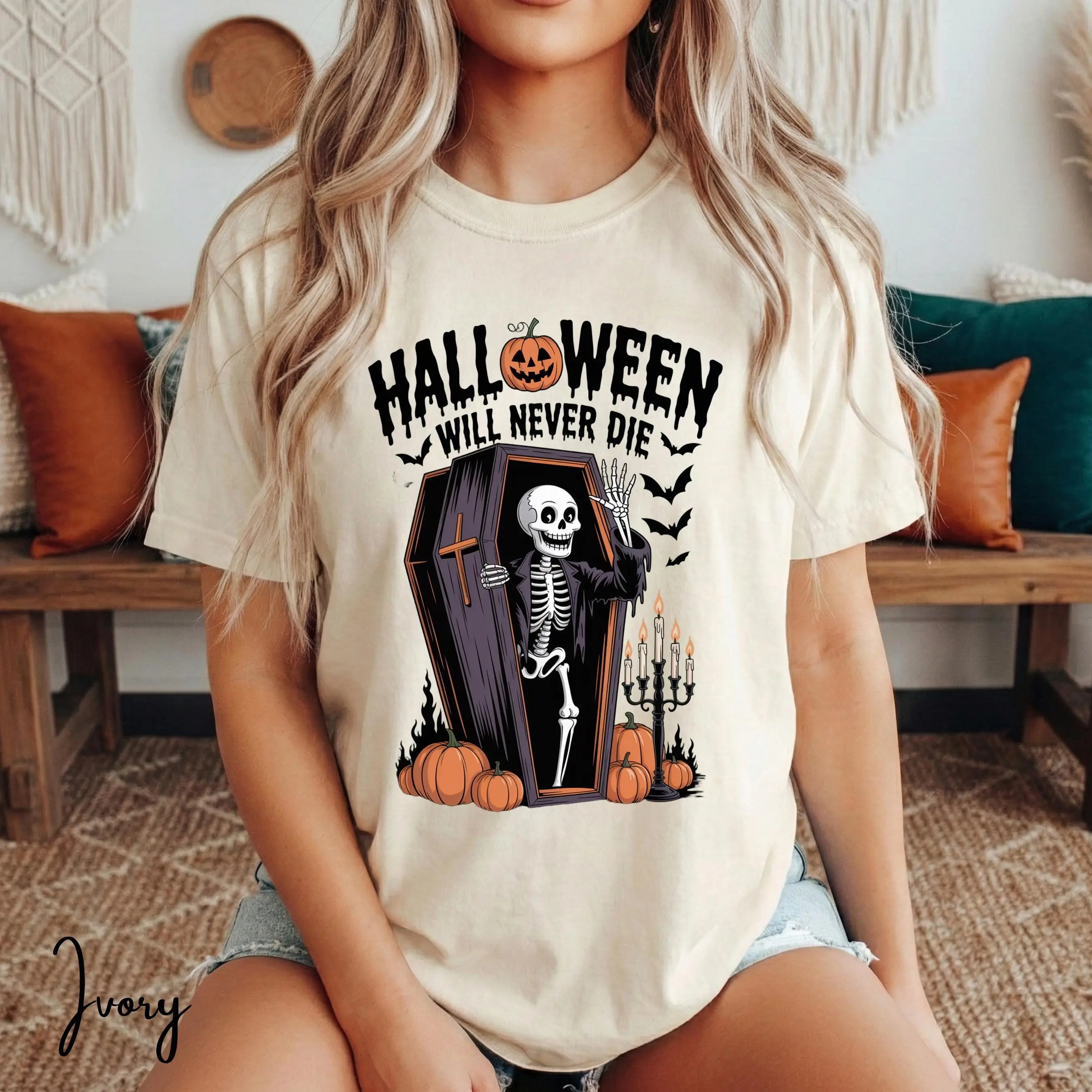 Comfort Colors 1717 Halloween Never Dies Shirt, Skeleton Coffin Gothic Vintage Horror Spooky Tee - photo 5