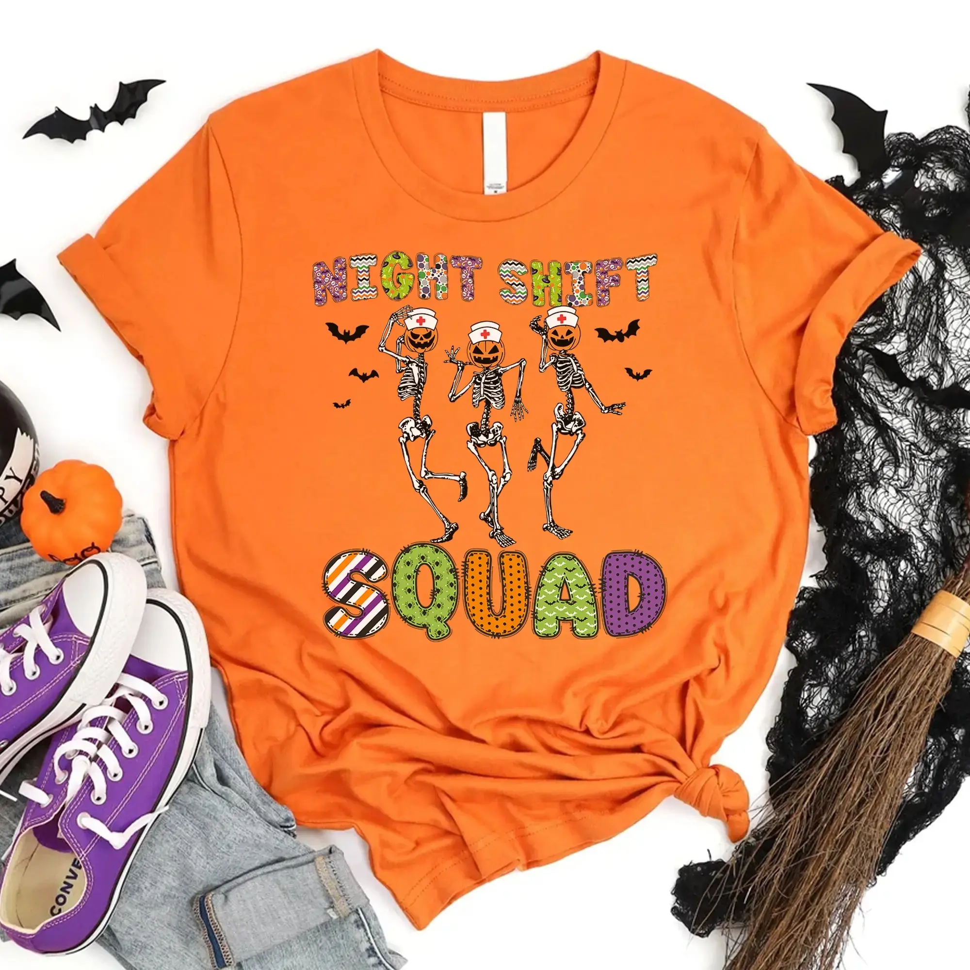 Halloween Night Shift Squad Nurse Sweatshirt, Funny Nursing Crew Party Graphic Crewneck for Women