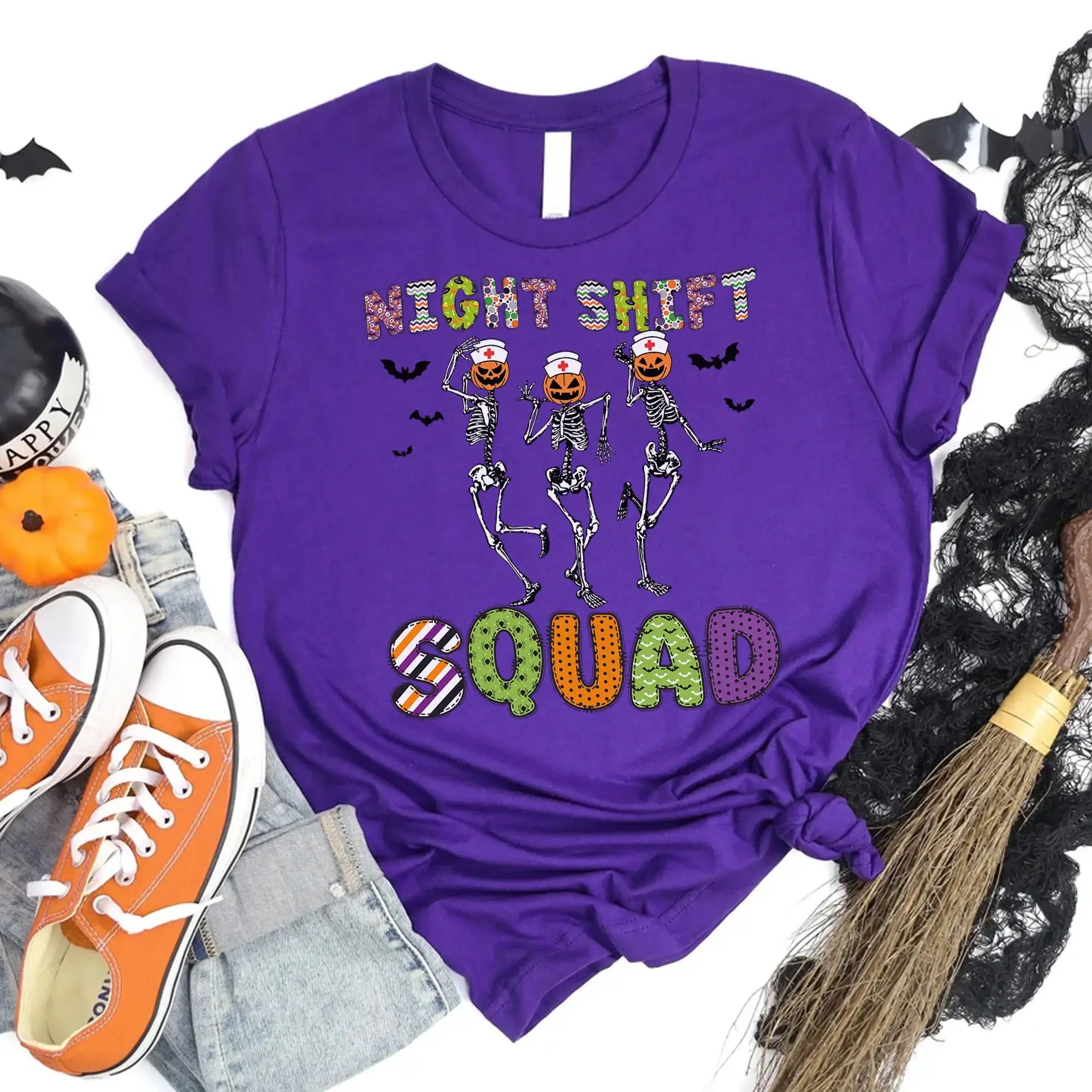 Halloween Night Shift Squad Nurse Sweatshirt, Funny Nursing Crew Party Graphic Crewneck for Women - photo 2