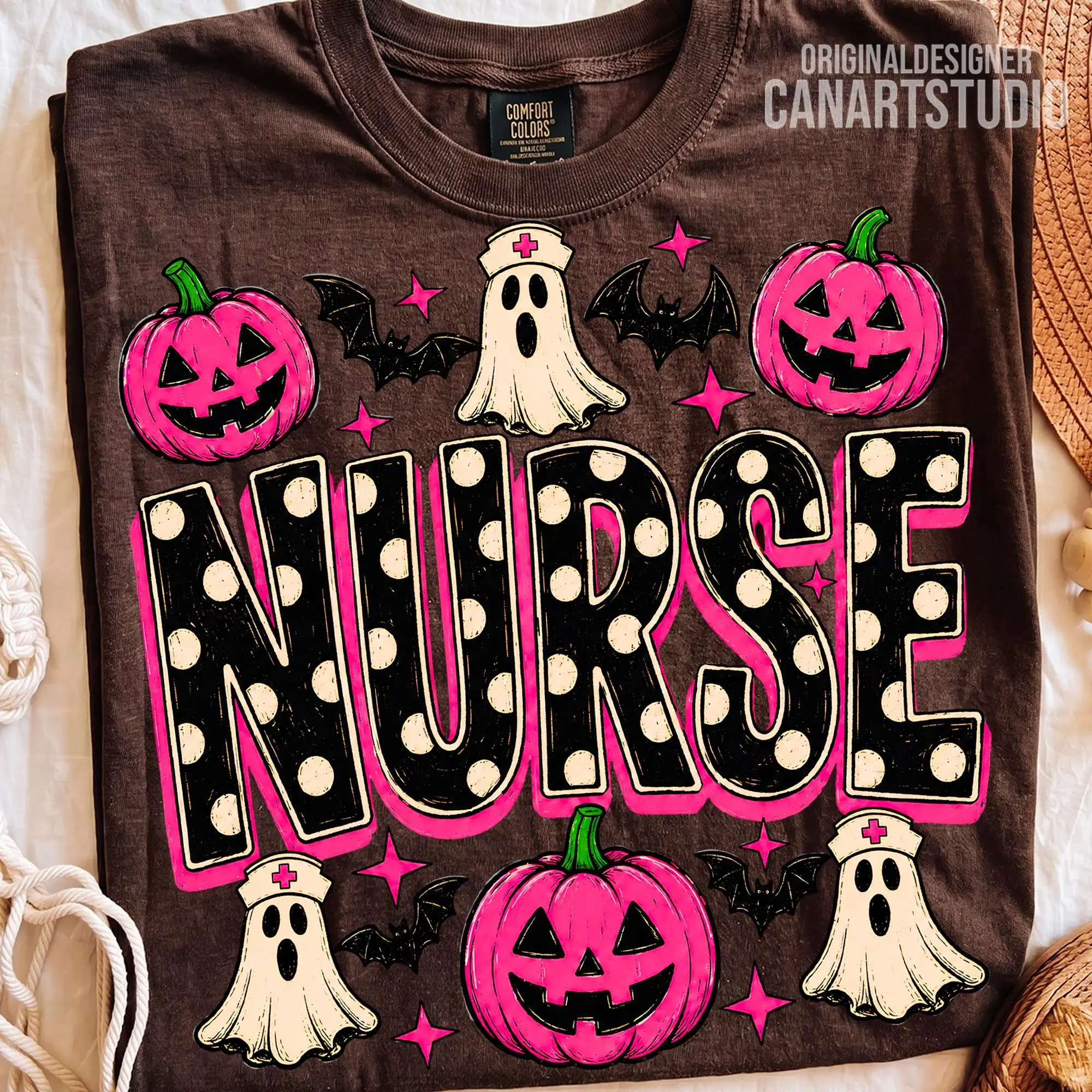 Comfort Colors Halloween Nurse T-Shirt, Cute Polka Dot Ghost Graphic Tee, Nursing Gift - photo 2