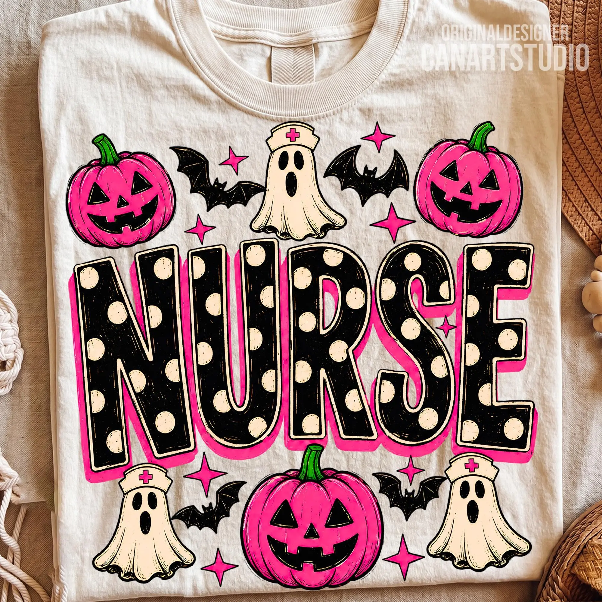 Comfort Colors Halloween Nurse T-Shirt, Cute Polka Dot Ghost Graphic Tee, Nursing Gift - photo 3